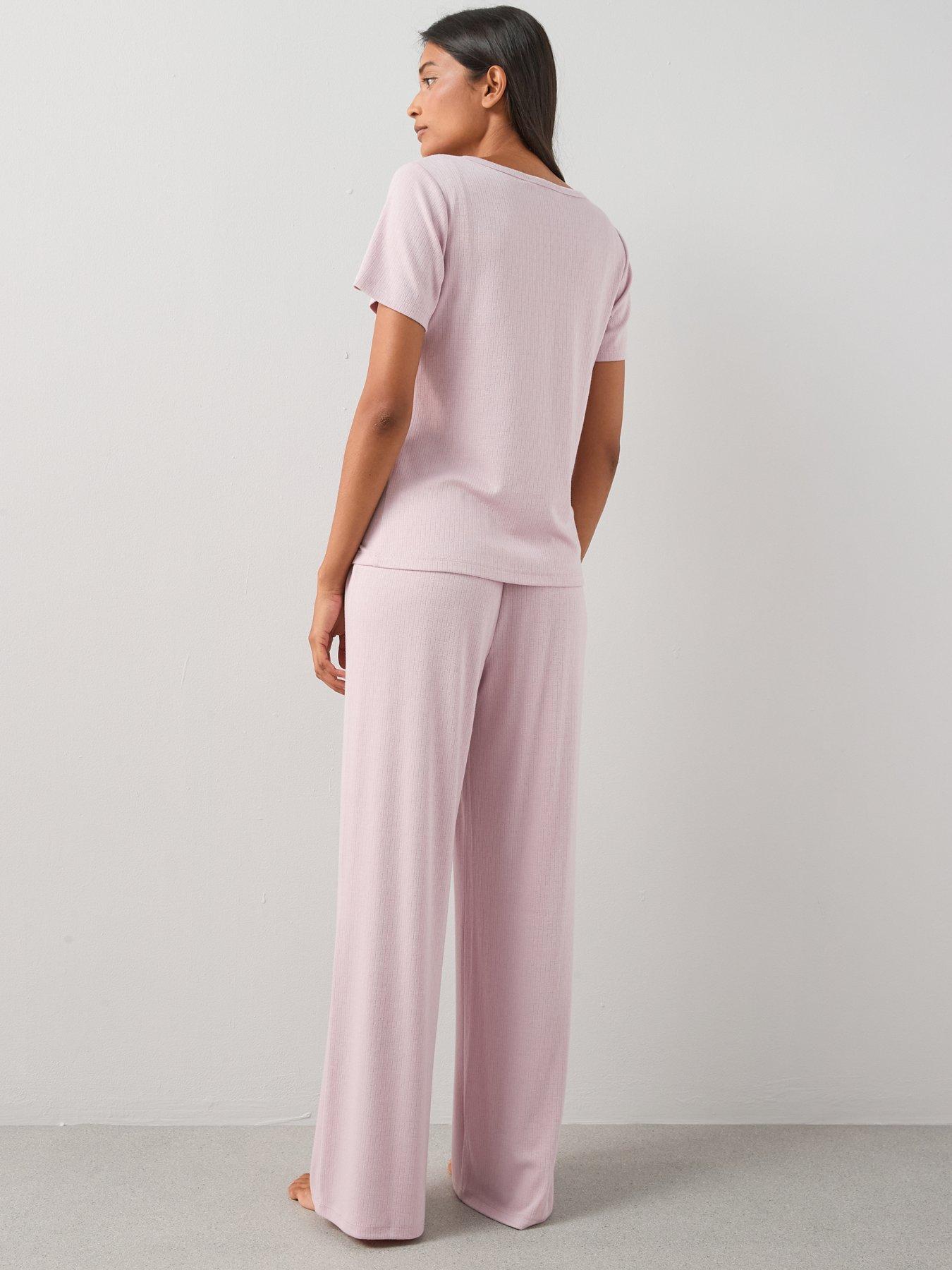Image 2 of 7 of The Very Collection Pointelle Short Sleeve Henley And Wide Leg Pyjama Set - Pink
