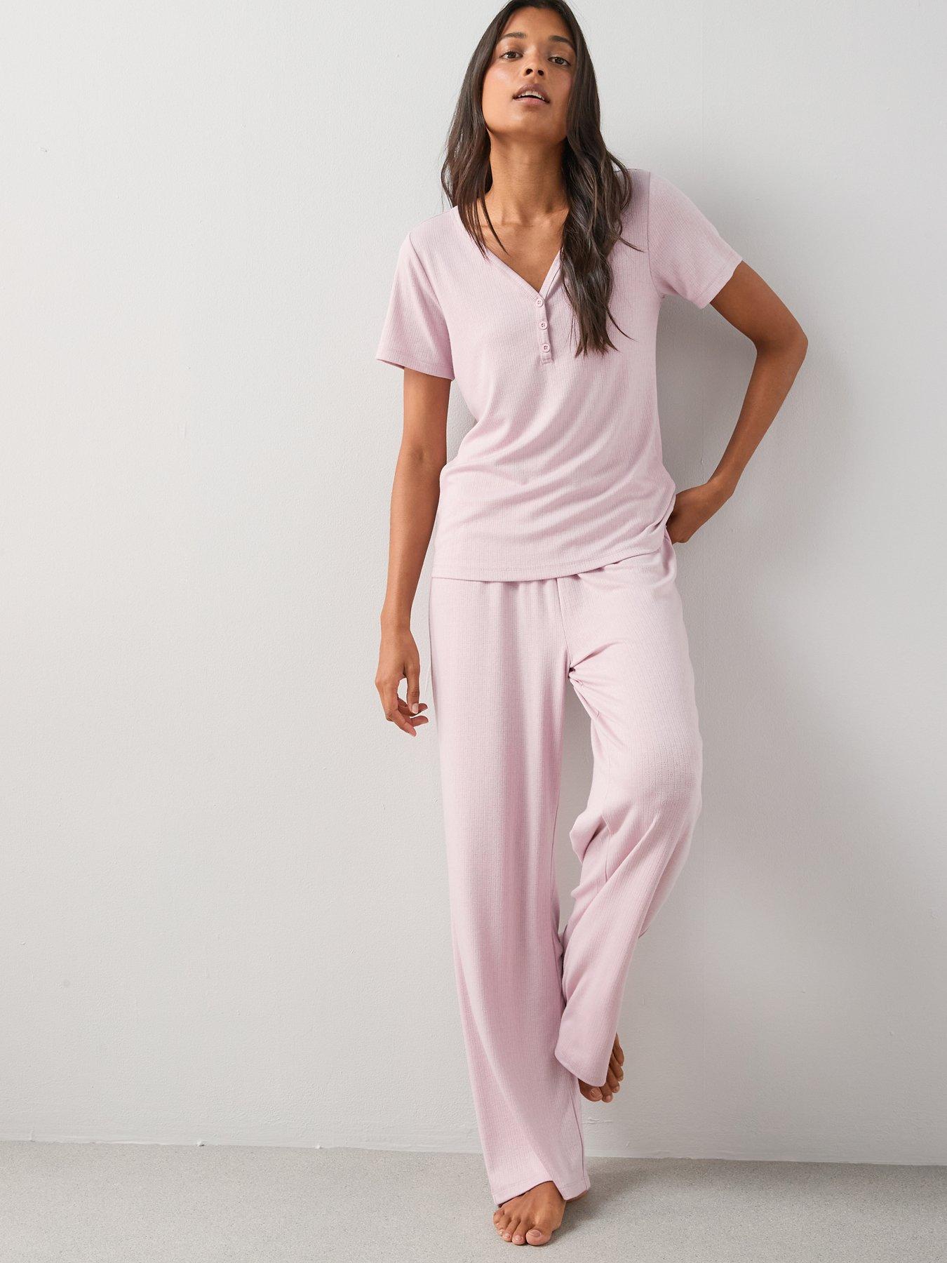 Image 3 of 7 of The Very Collection Pointelle Short Sleeve Henley And Wide Leg Pyjama Set - Pink