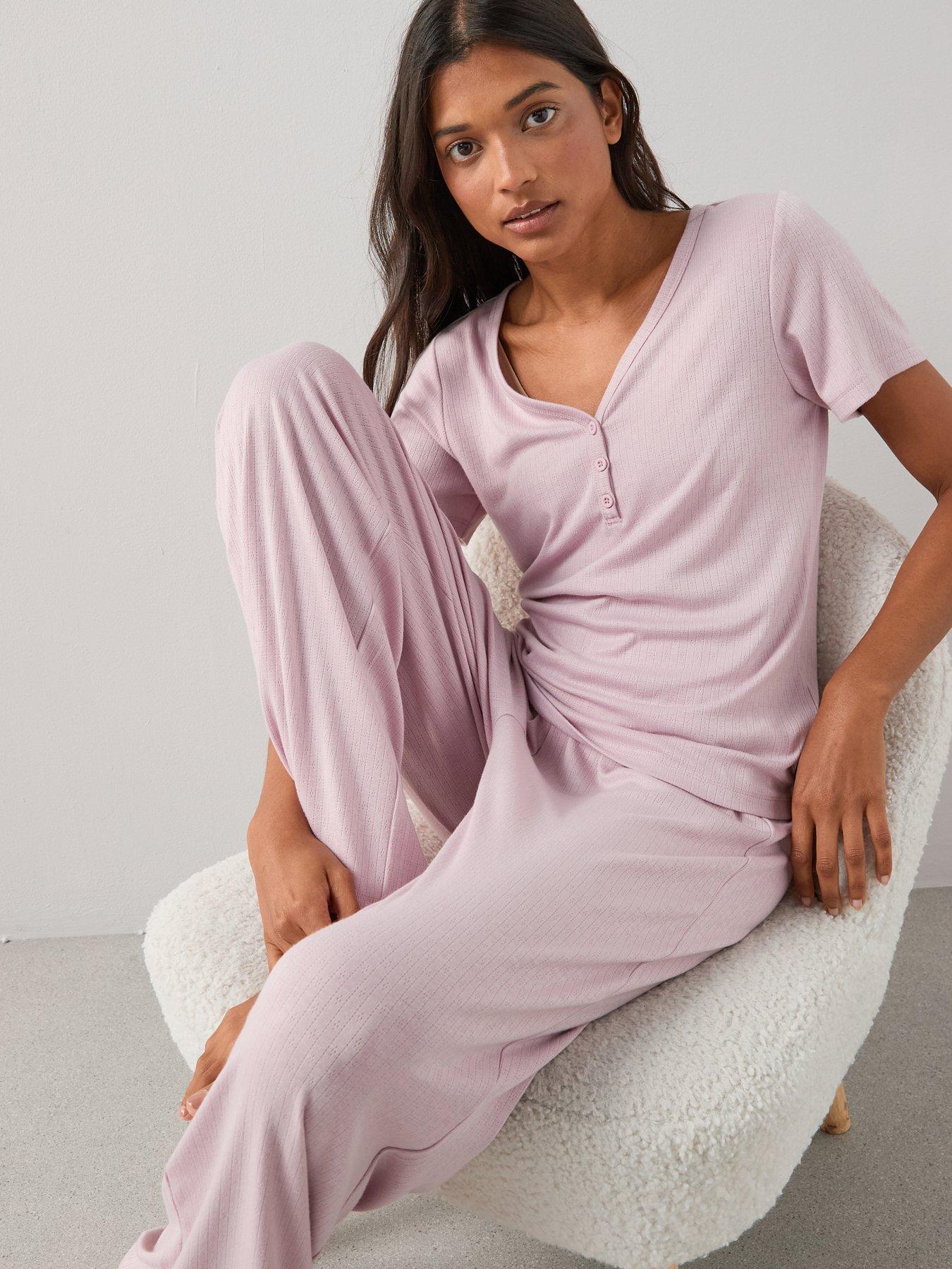 Image 4 of 7 of The Very Collection Pointelle Short Sleeve Henley And Wide Leg Pyjama Set - Pink