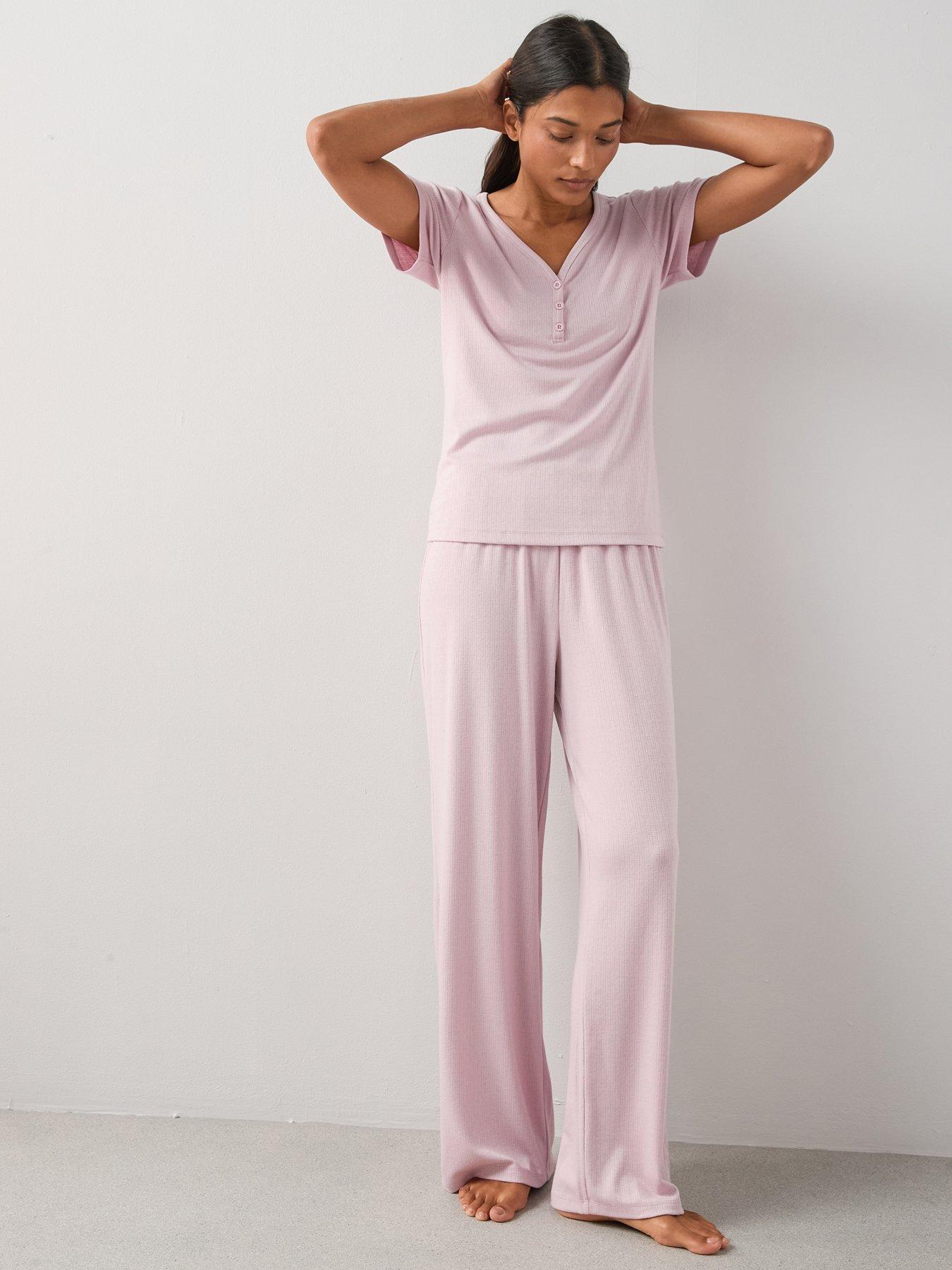 Image 5 of 7 of The Very Collection Pointelle Short Sleeve Henley And Wide Leg Pyjama Set - Pink