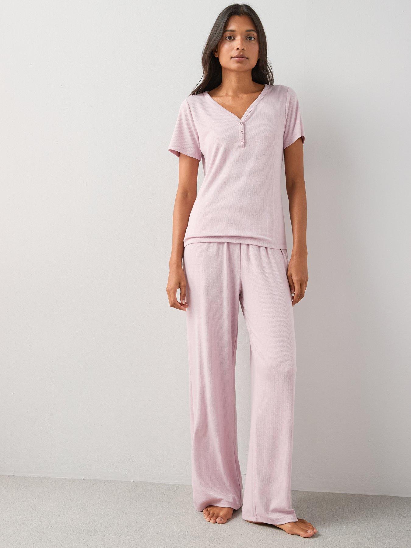 Image 6 of 7 of The Very Collection Pointelle Short Sleeve Henley And Wide Leg Pyjama Set - Pink