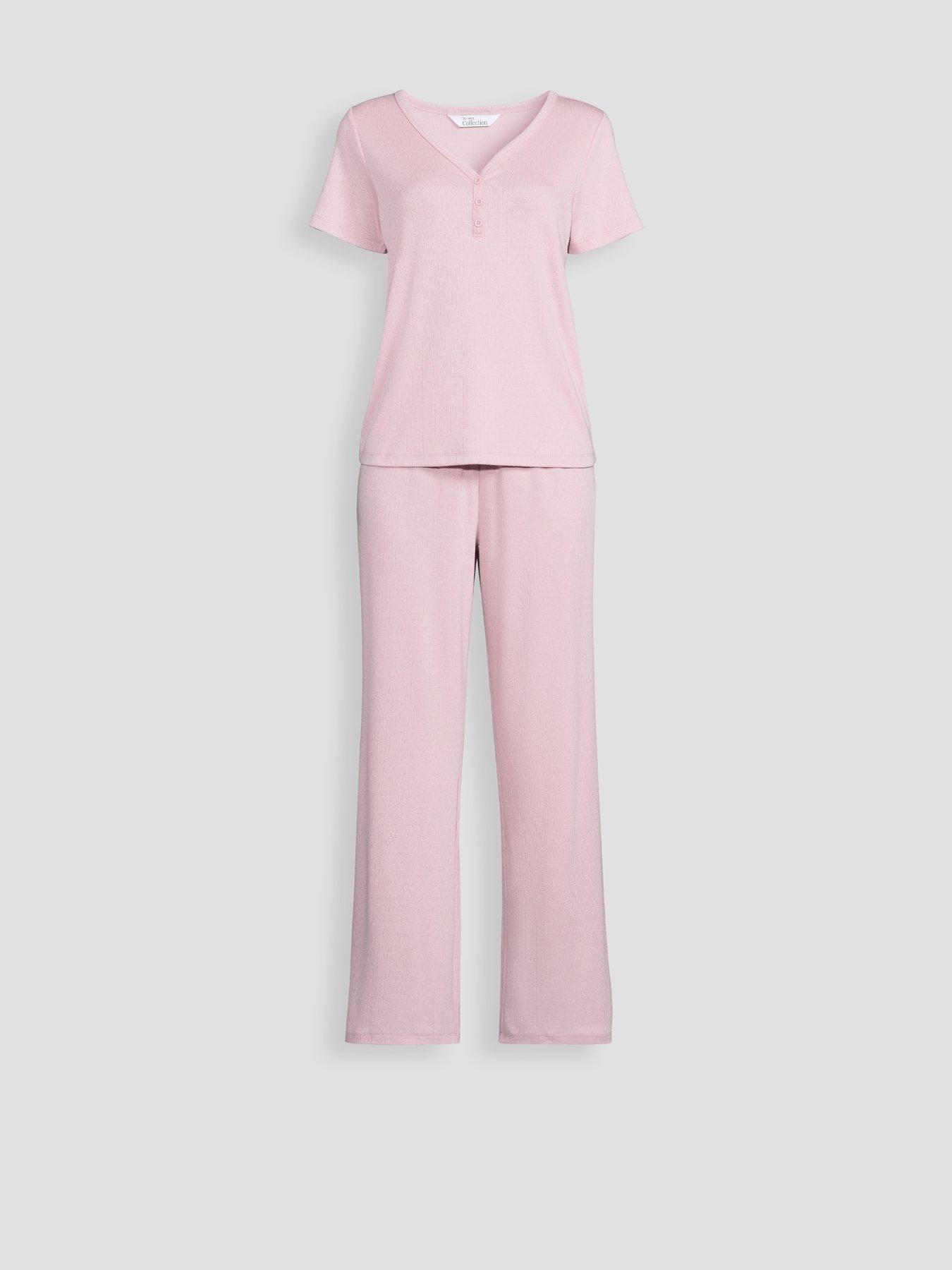 Image 7 of 7 of The Very Collection Pointelle Short Sleeve Henley And Wide Leg Pyjama Set - Pink