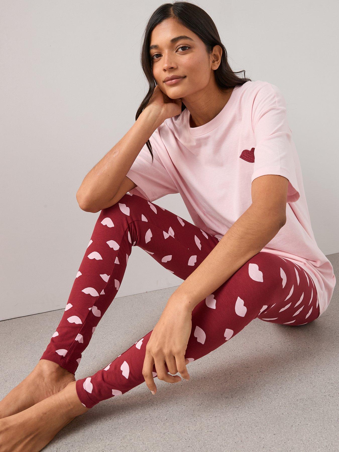 The Very Collection Embroidered Lip Longline T-Shirt and Legging PJ Set - Pink
