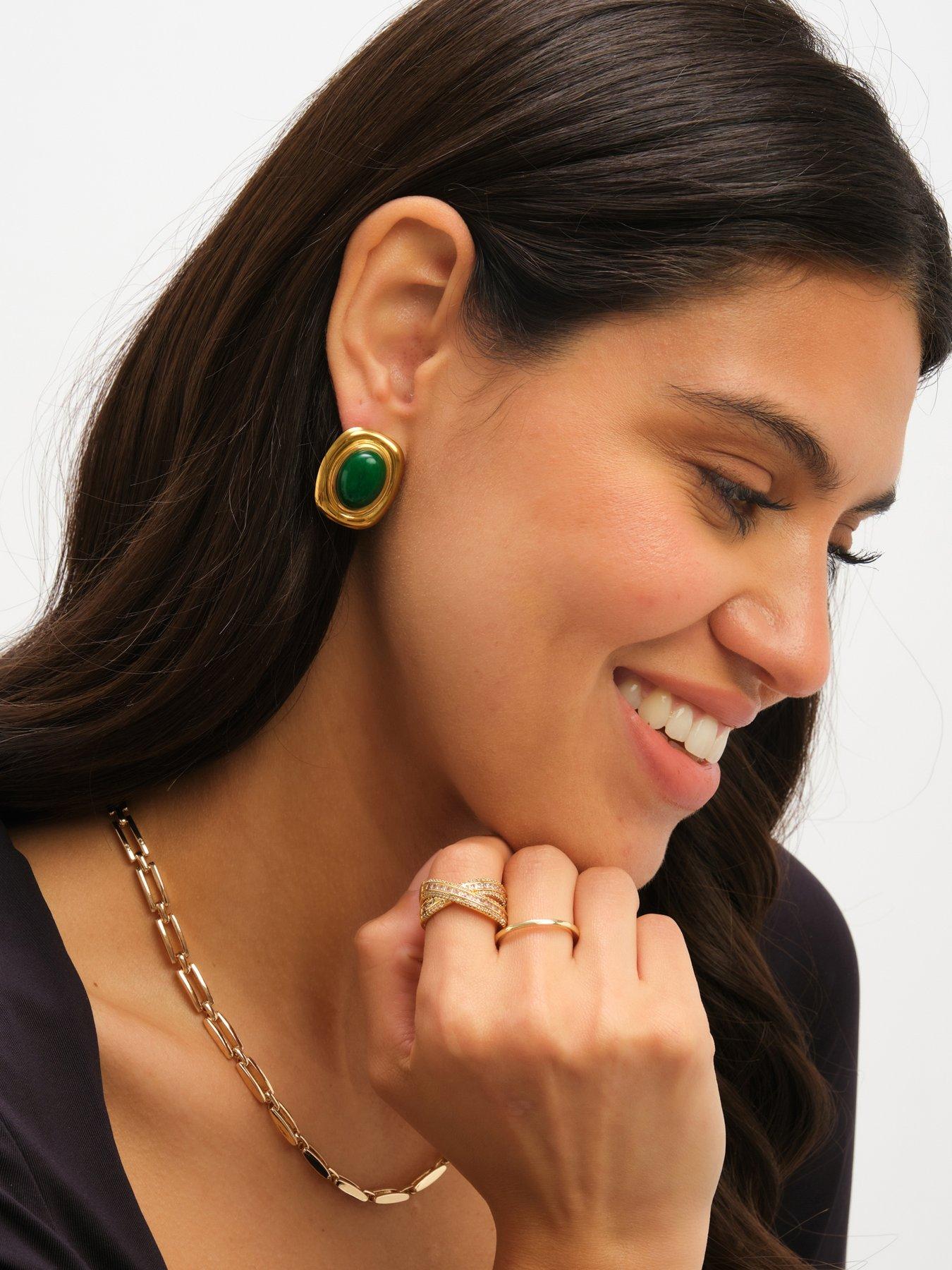 Image 4 of 5 of Jon Richard Plated And Green Statement Earrings - Gold
