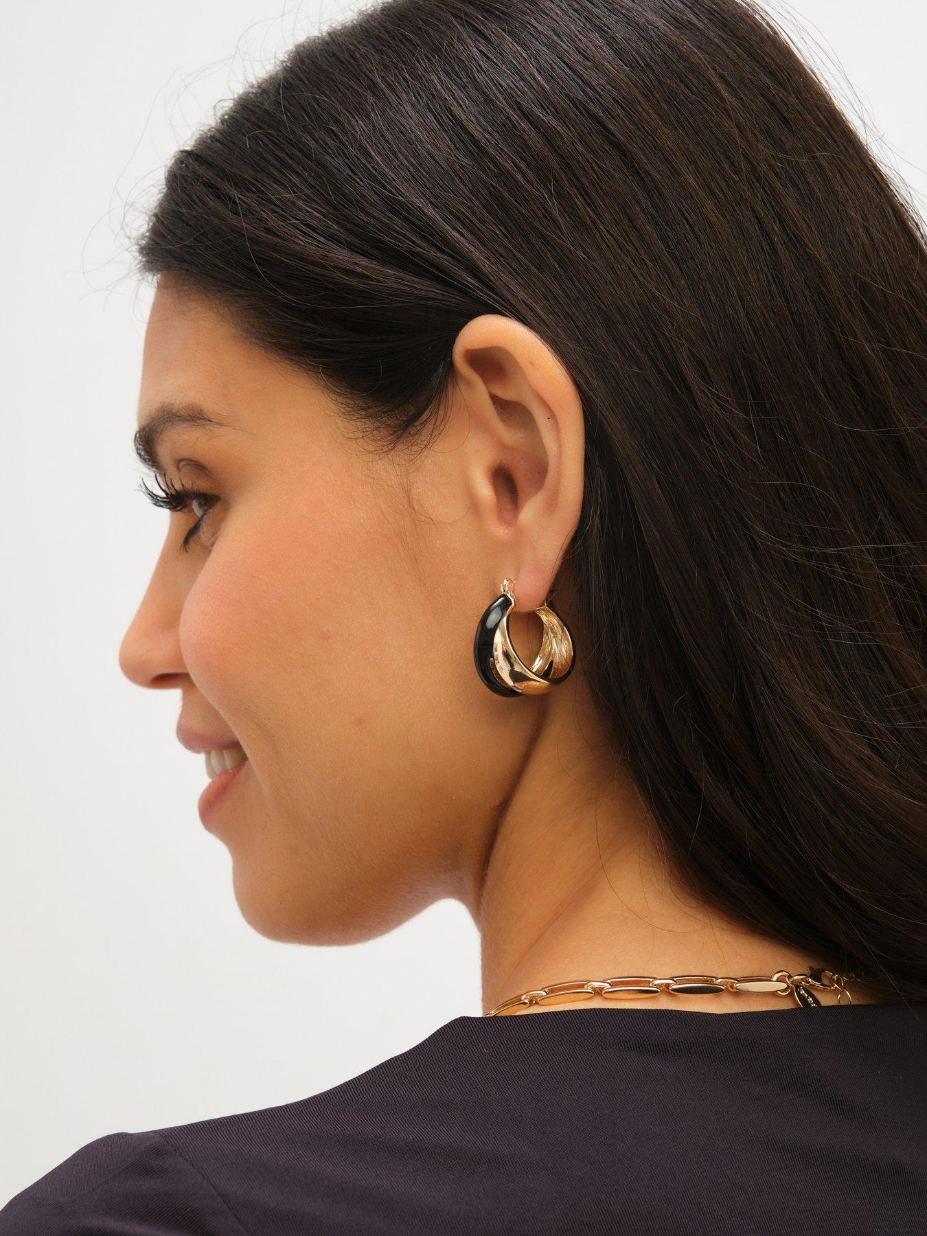 Image 2 of 5 of Jon Richard Polished And Jet Enamel Double Hoop Earrings - Gold