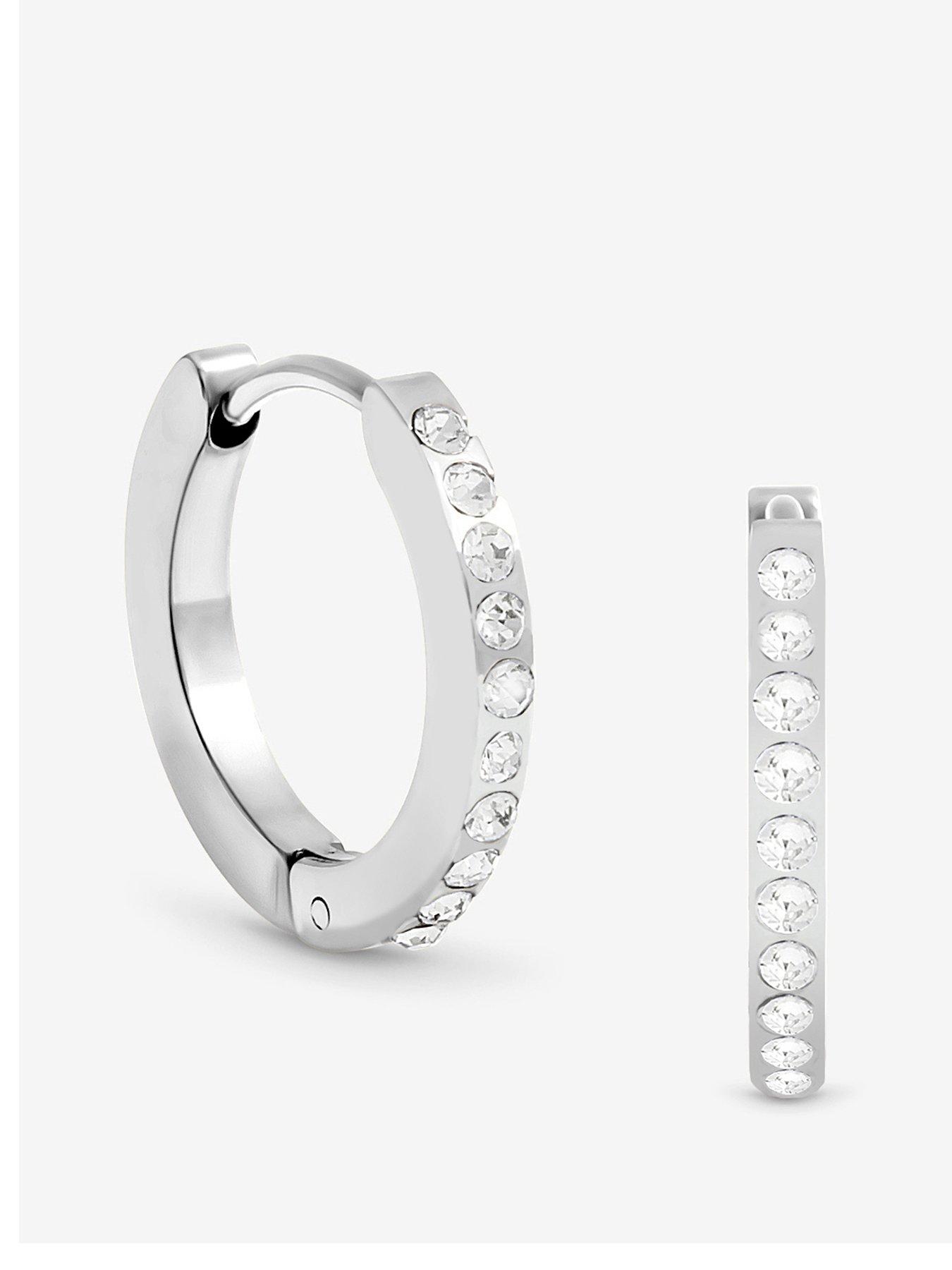 Jon Richard Waterproof Sterling Silver Plated Crystal and Polished Huggie Hoop Earrings