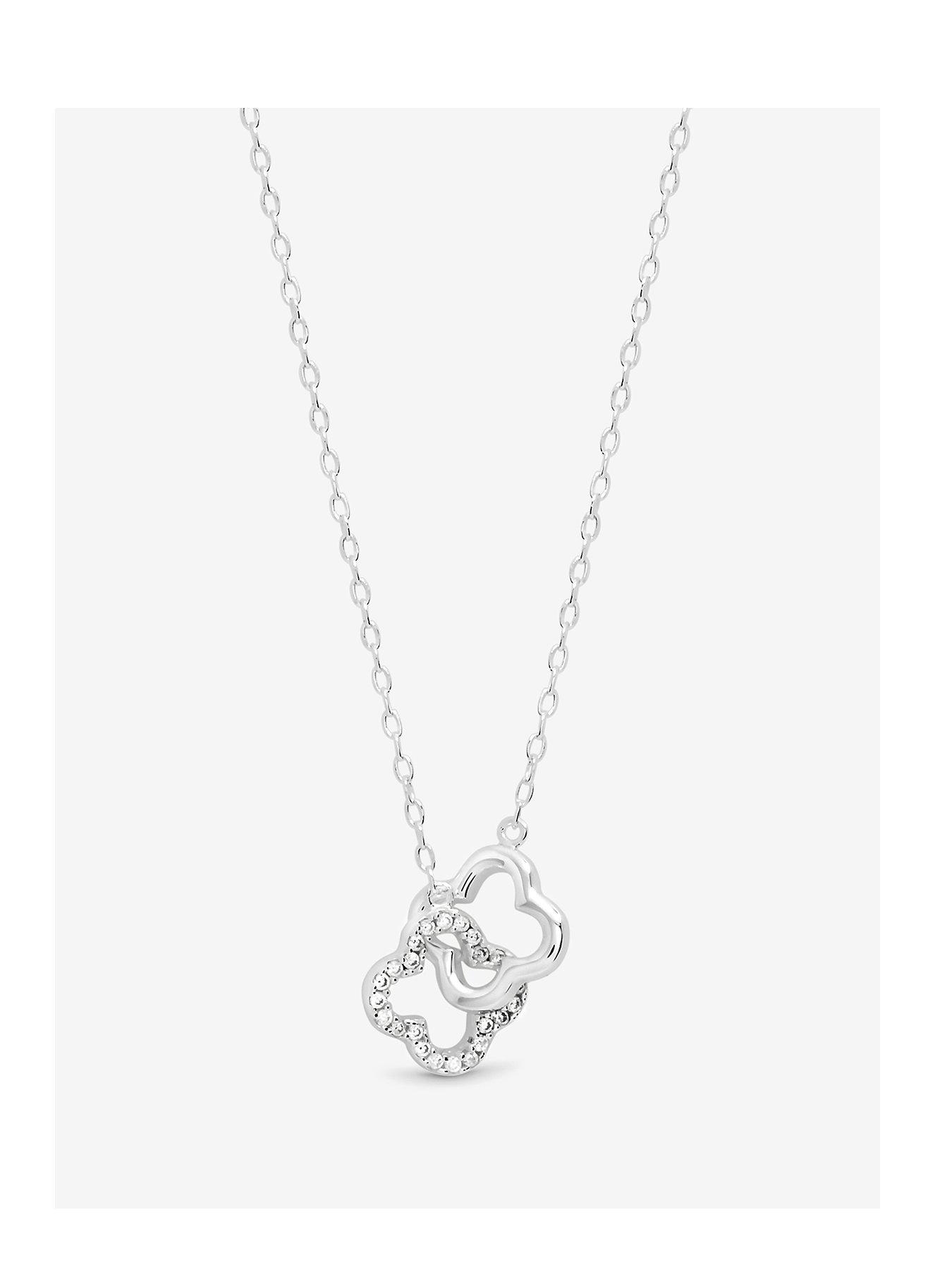 Simply Silver Sterling 925 Pave Clover Interlink Necklace - Gift Pouch