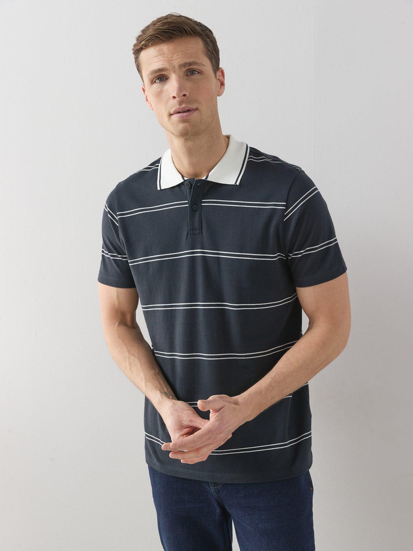 The Very Collection Contrast Collar Stripe Short Sleeve Polo Shirt - Black