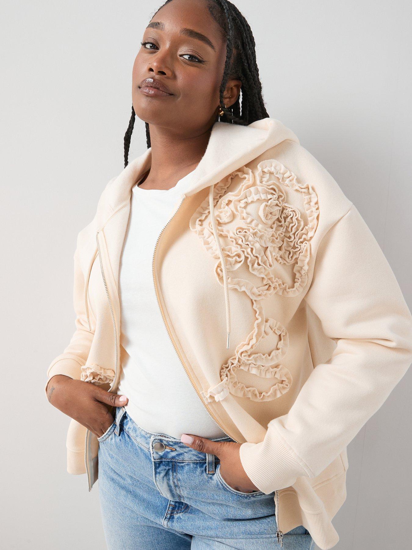 The Very Collection Curve Floral Motif Zip Through Hooded Jacket - Cream