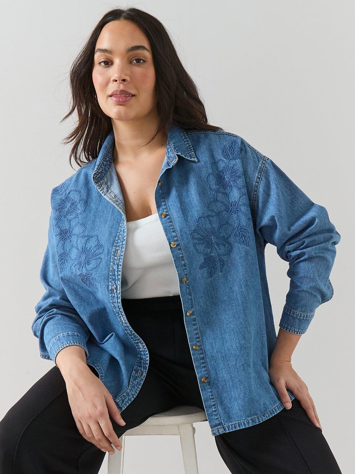 The Very Collection Curve Embroidered Denim Shirt - Mid Wash