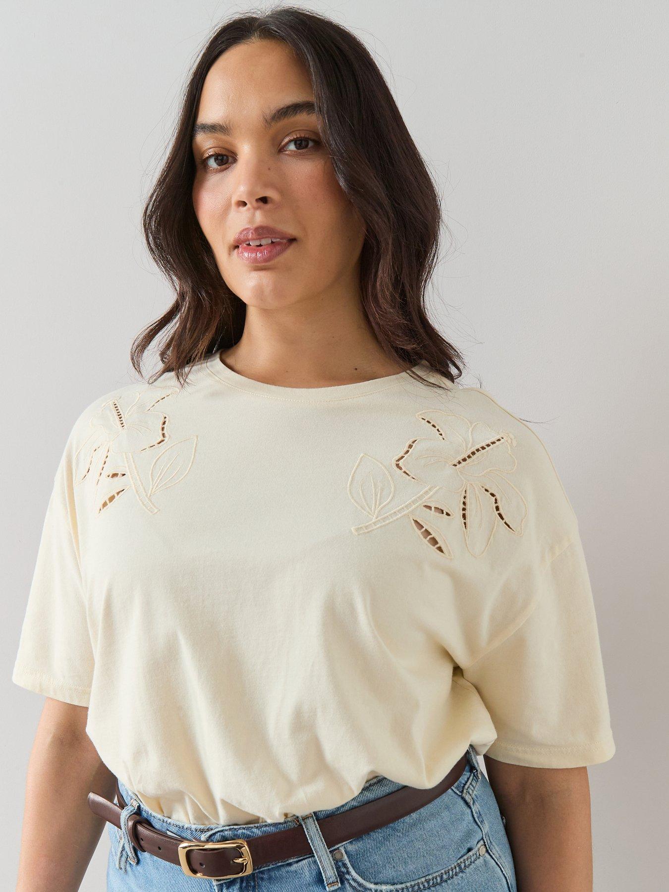 The Very Collection Curve Embroidered T-Shirt - Cream