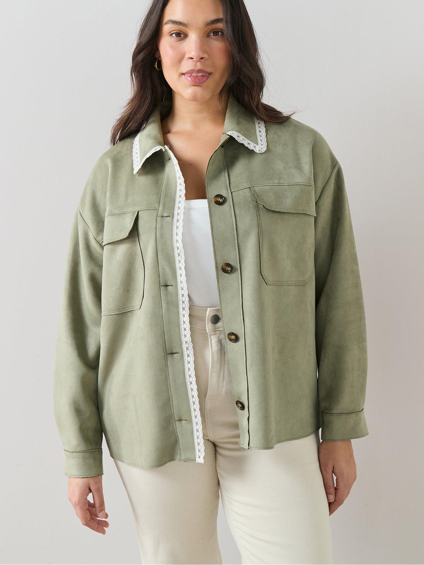 The Very Collection Curve Lace Trim Suedette Jacket - Khaki