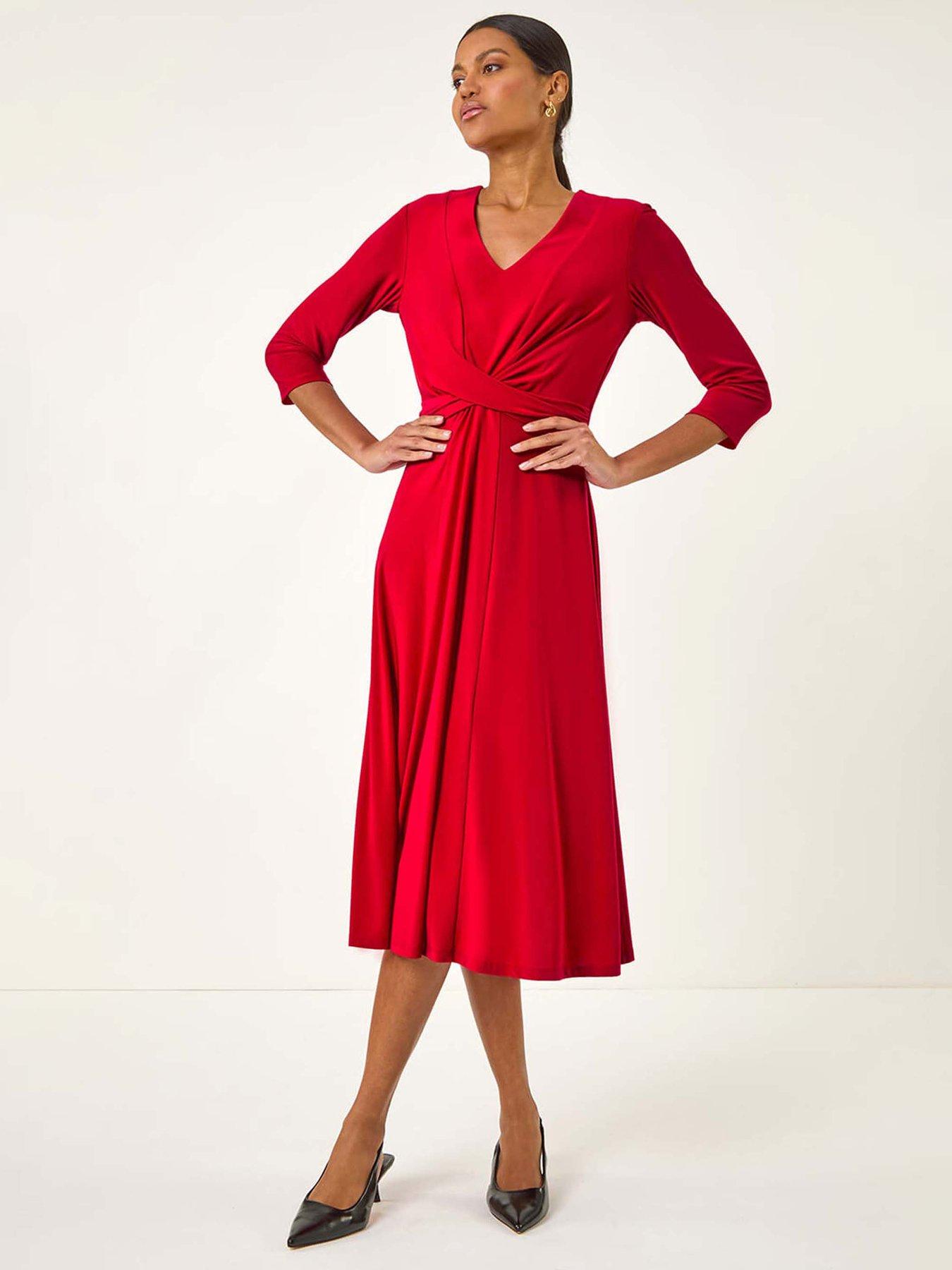 Image 1 of 5 of Roman Stretch Crossover Midi Dress - Red