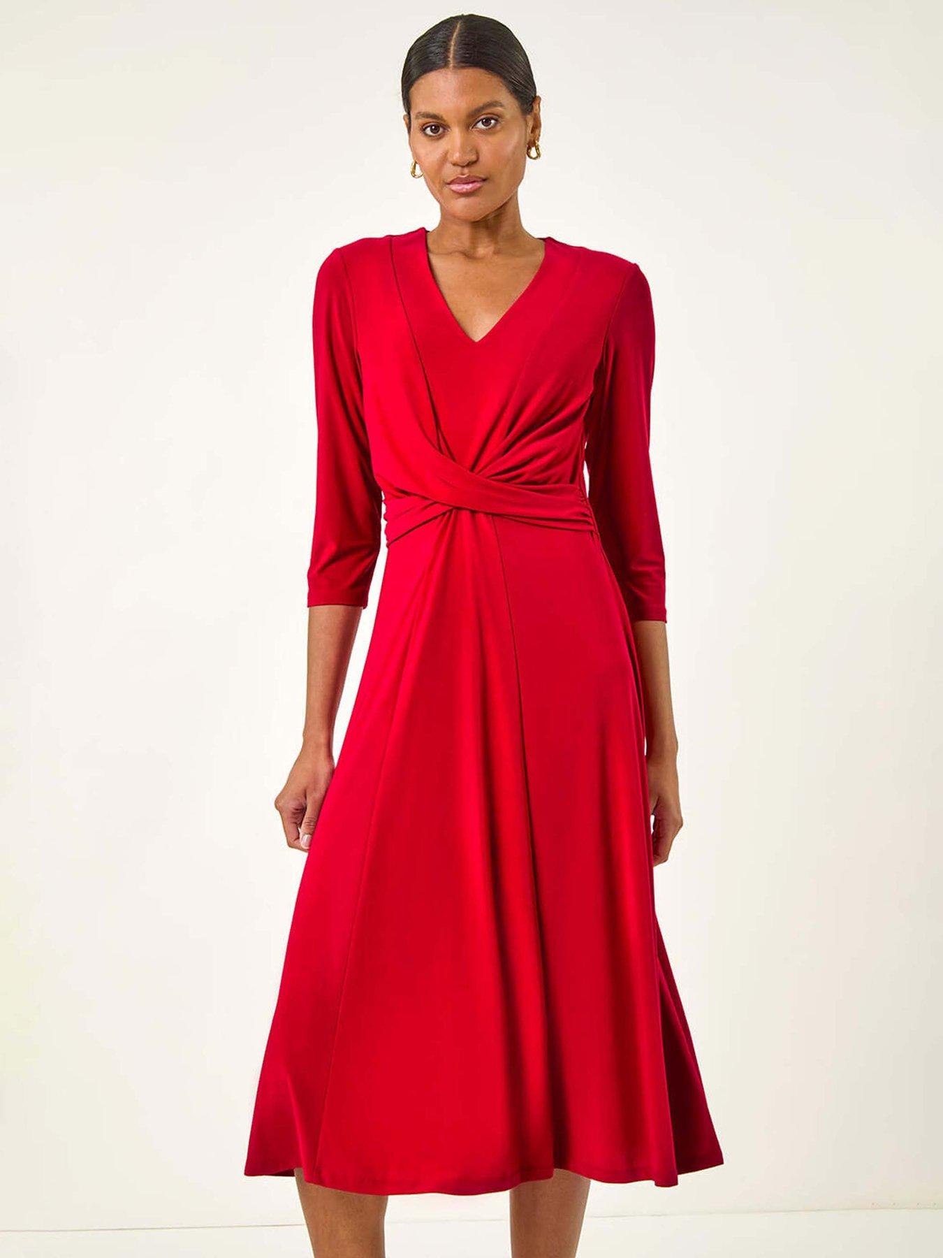 Image 3 of 5 of Roman Stretch Crossover Midi Dress - Red