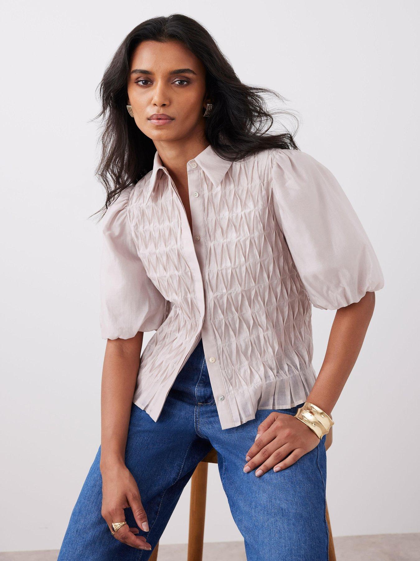  image of mint-velvet-neutral-puff-sleeve-shirt-beige