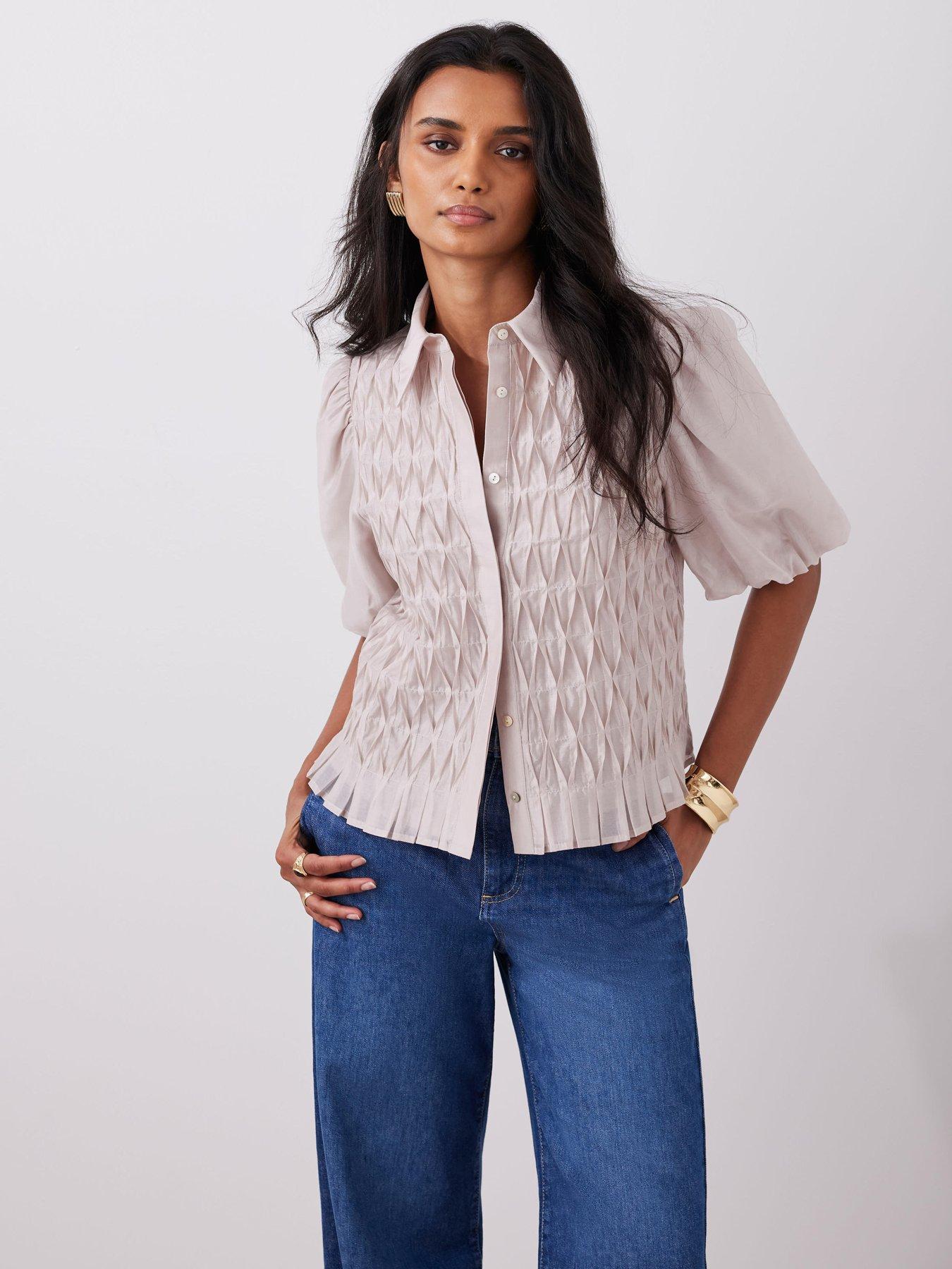  image of mint-velvet-neutral-puff-sleeve-shirt-beige