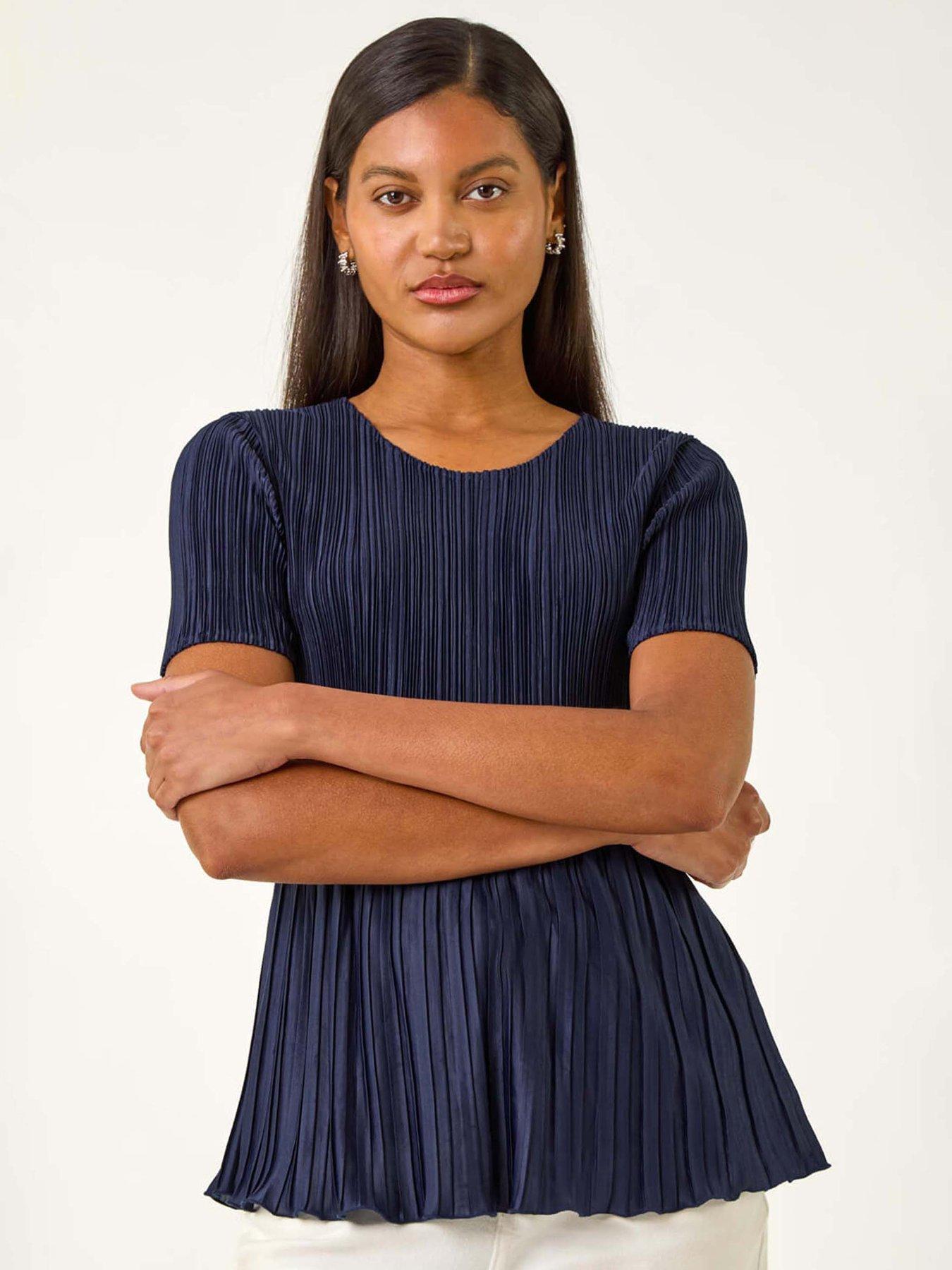 undefined Plisse Short Sleeve Top - Navy