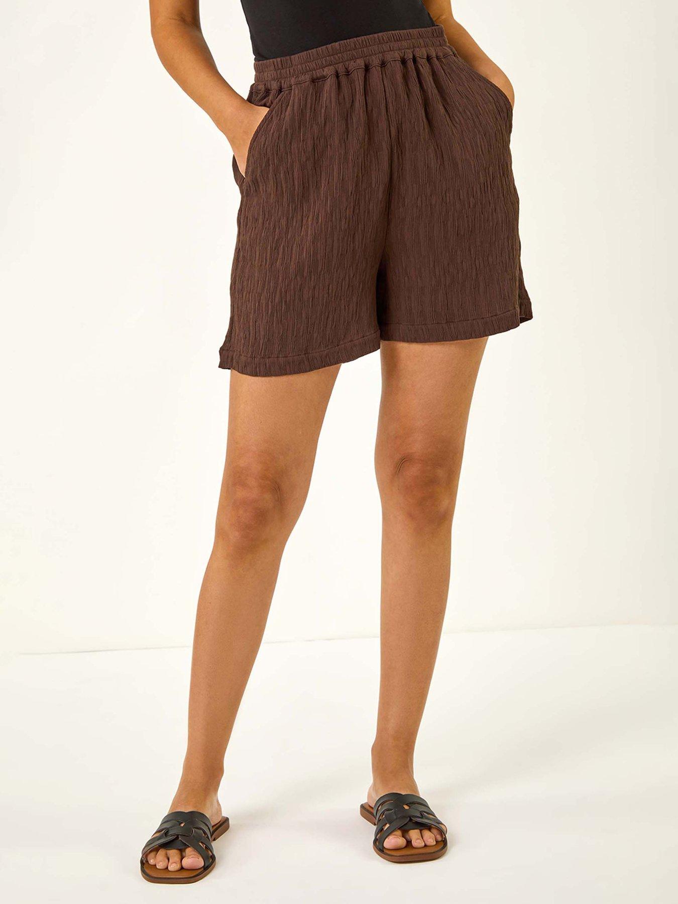 undefined Textured Elastic Waist Woven Shorts - Brown