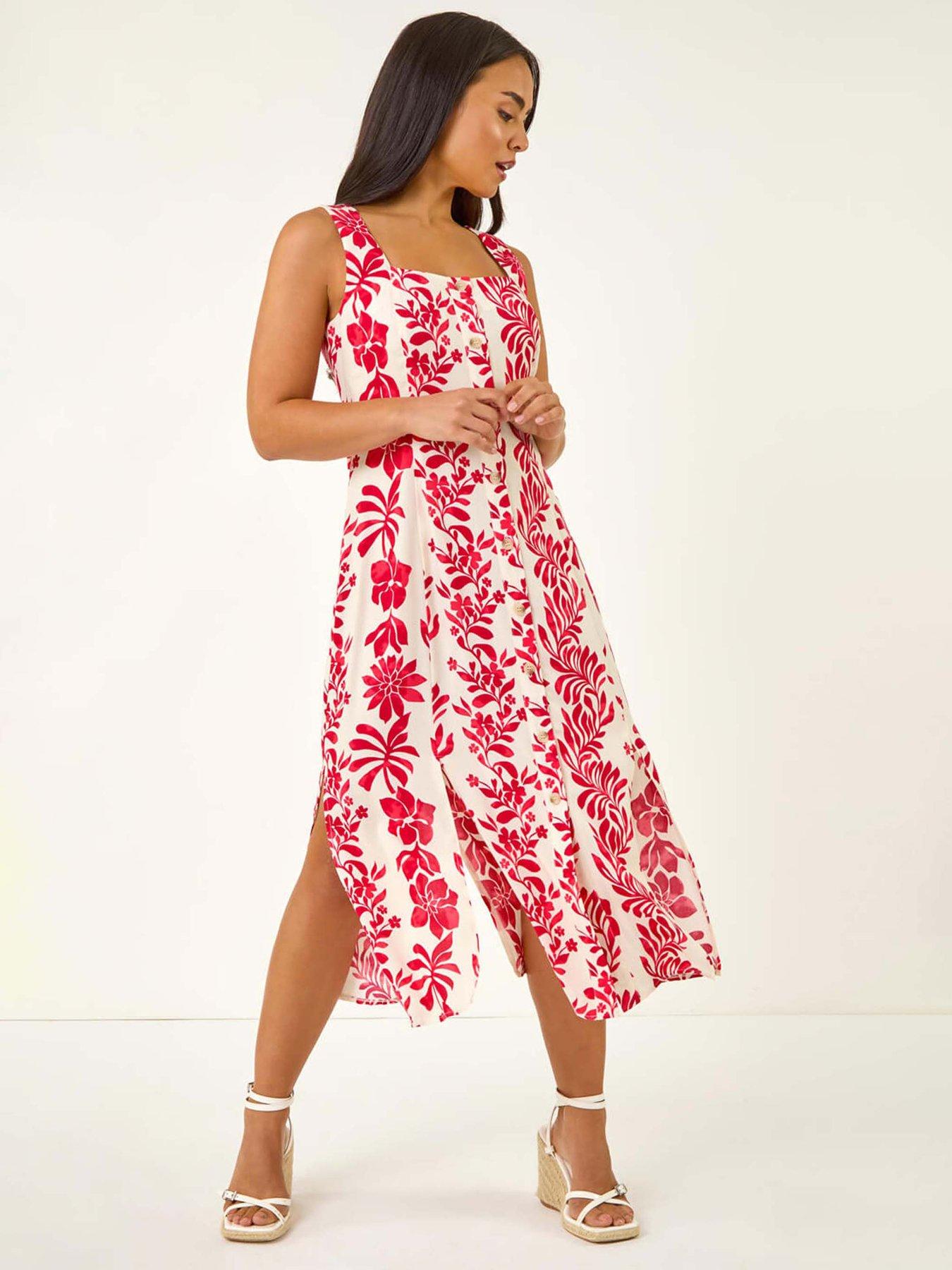 Roman Petite Button Front Midi Dress - Red