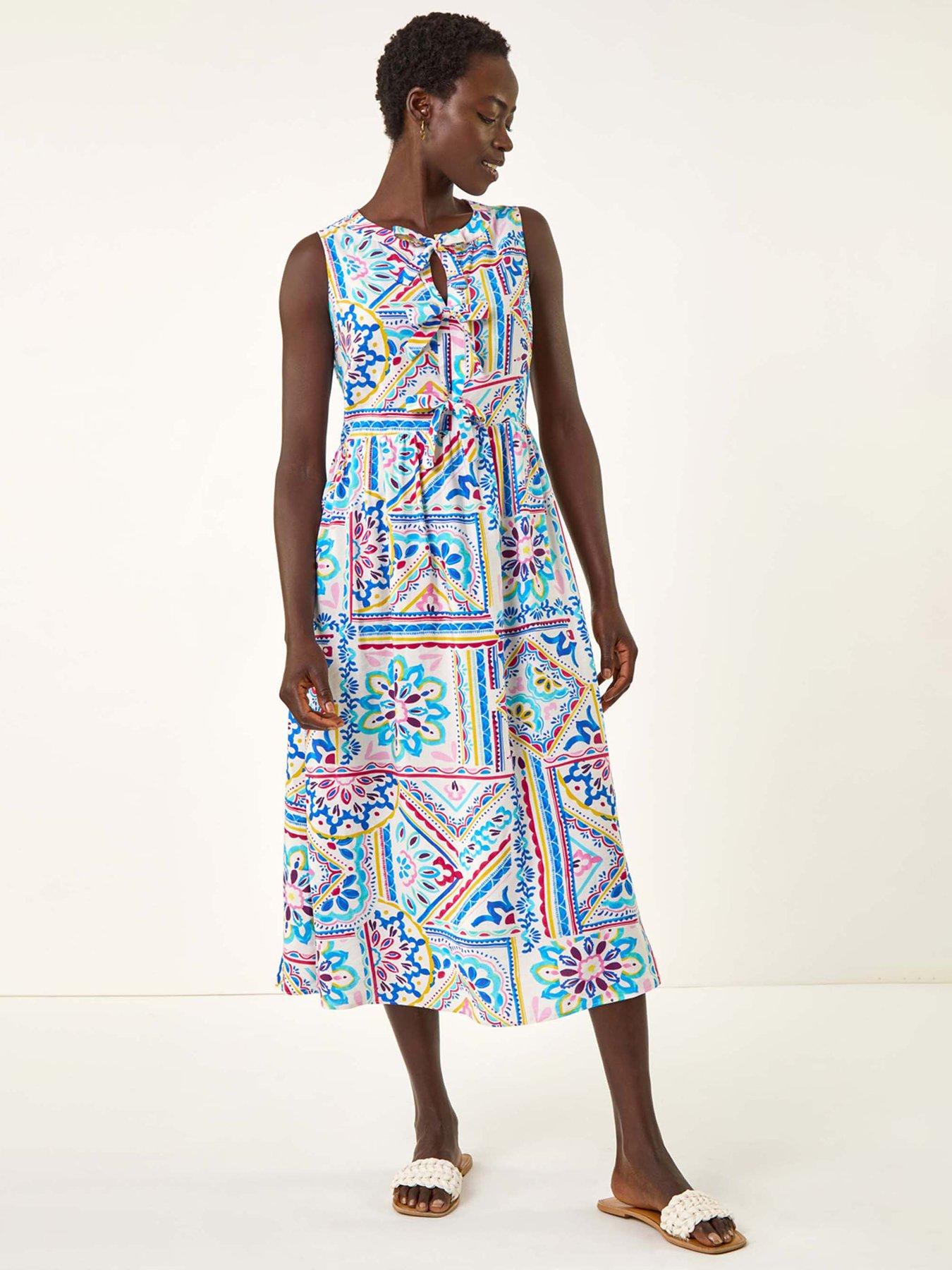  image of roman-tile-print-bow-front-midi-dress-blue