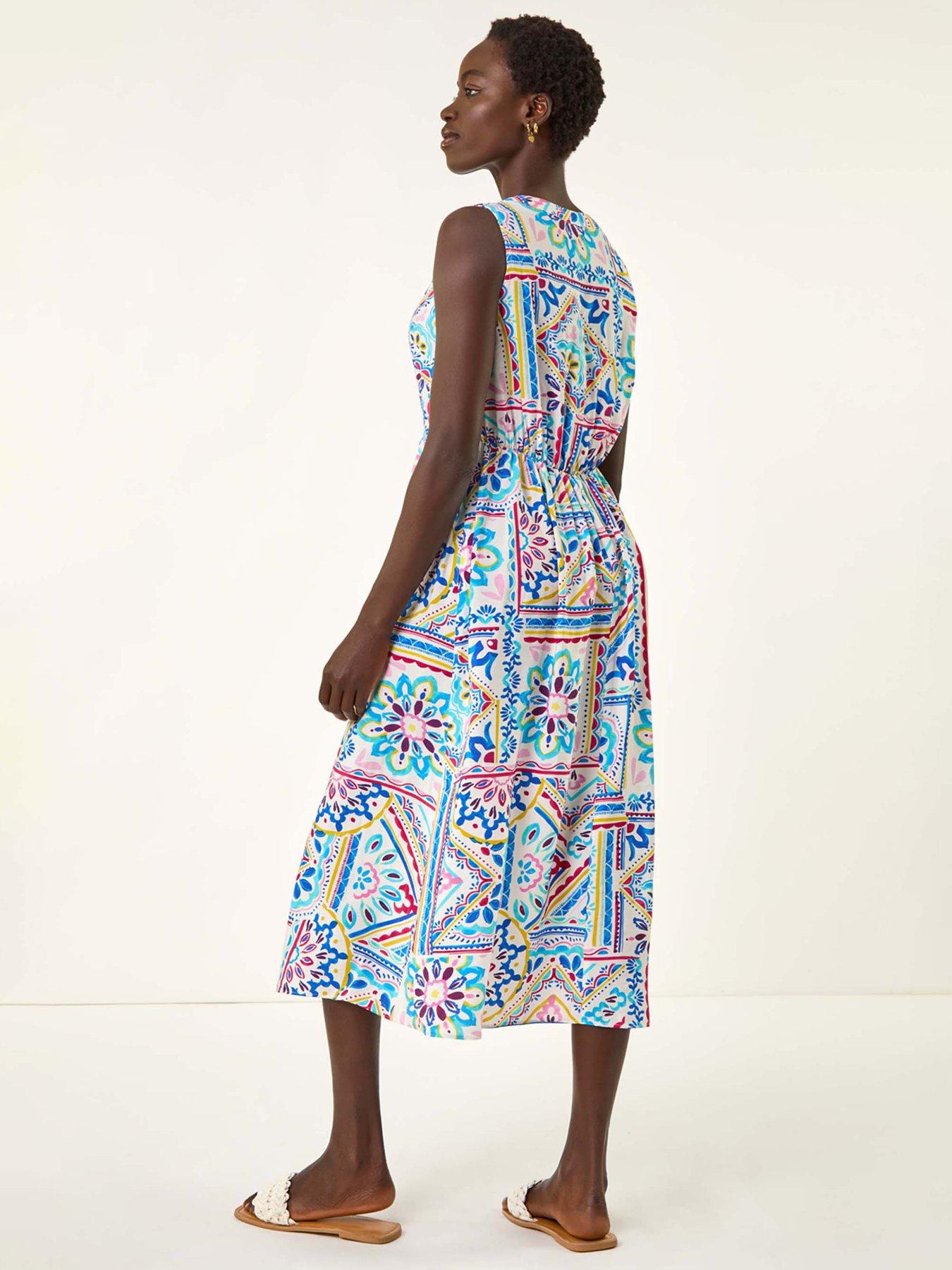  image of roman-tile-print-bow-front-midi-dress-blue