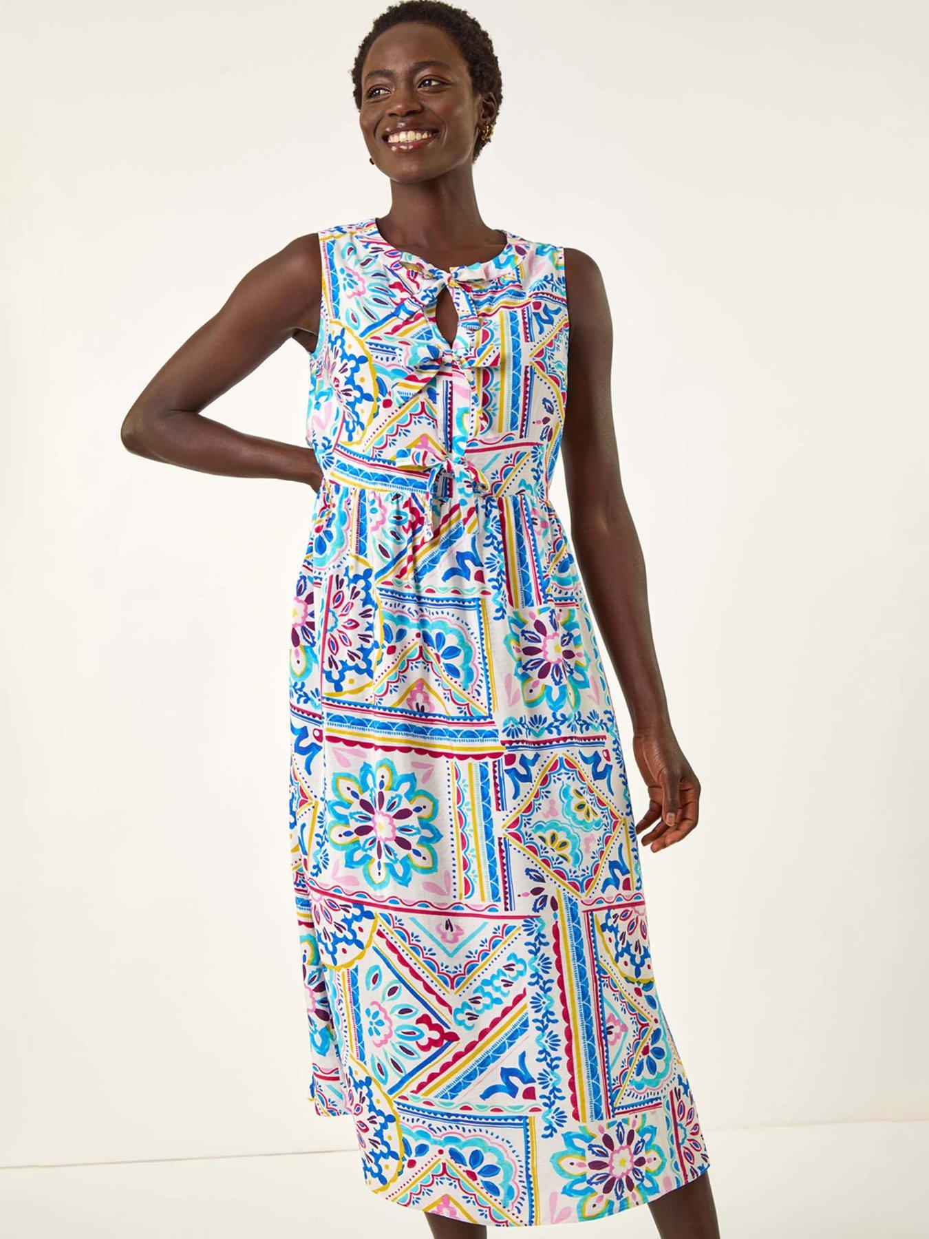  image of roman-tile-print-bow-front-midi-dress-blue