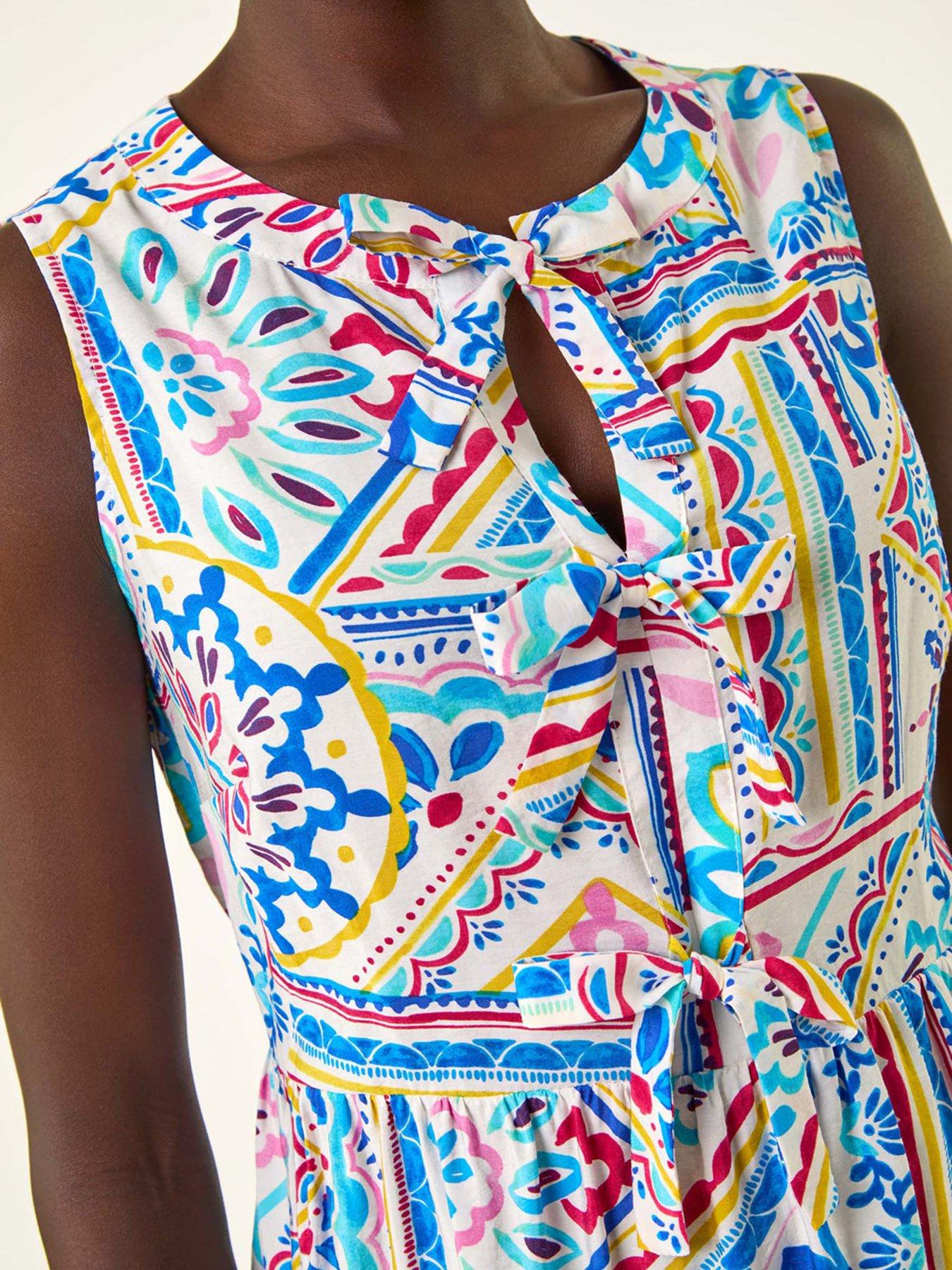  image of roman-tile-print-bow-front-midi-dress-blue