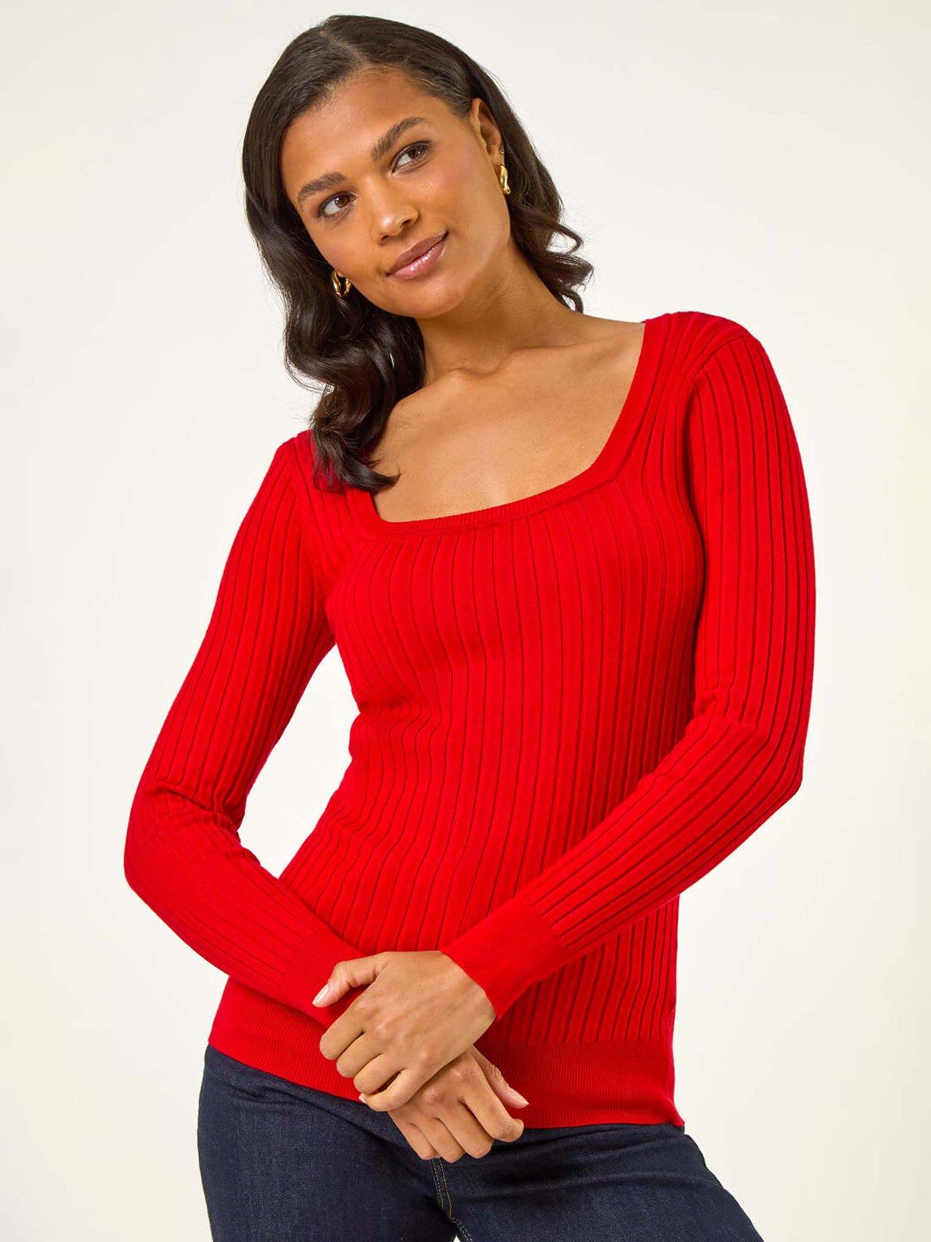 undefined Square Neck Ribbed Knit Jumper - Red