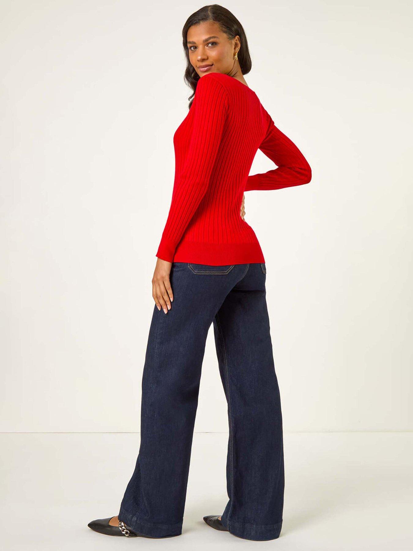 Image 2 of 5 of Roman Square Neck Ribbed Knit Jumper - Red