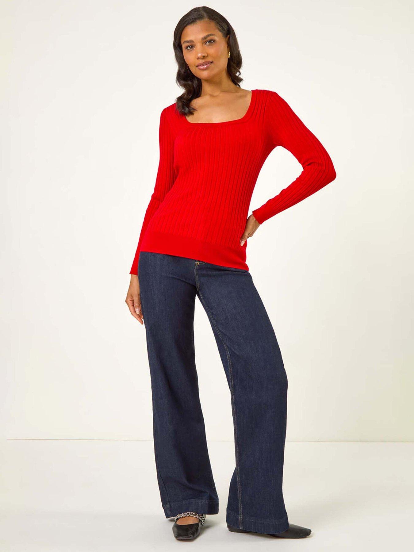 Image 3 of 5 of Roman Square Neck Ribbed Knit Jumper - Red