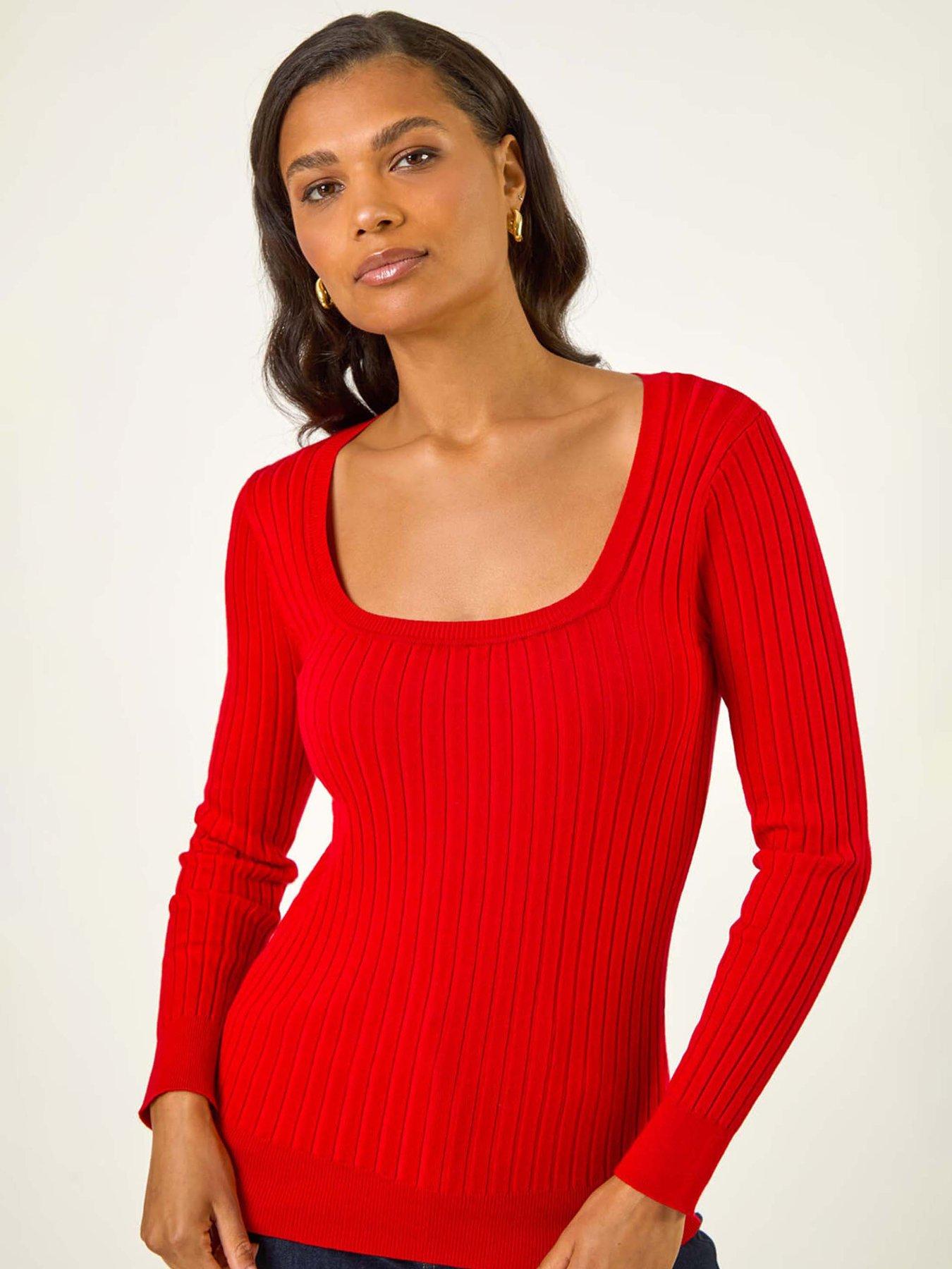 Image 4 of 5 of Roman Square Neck Ribbed Knit Jumper - Red