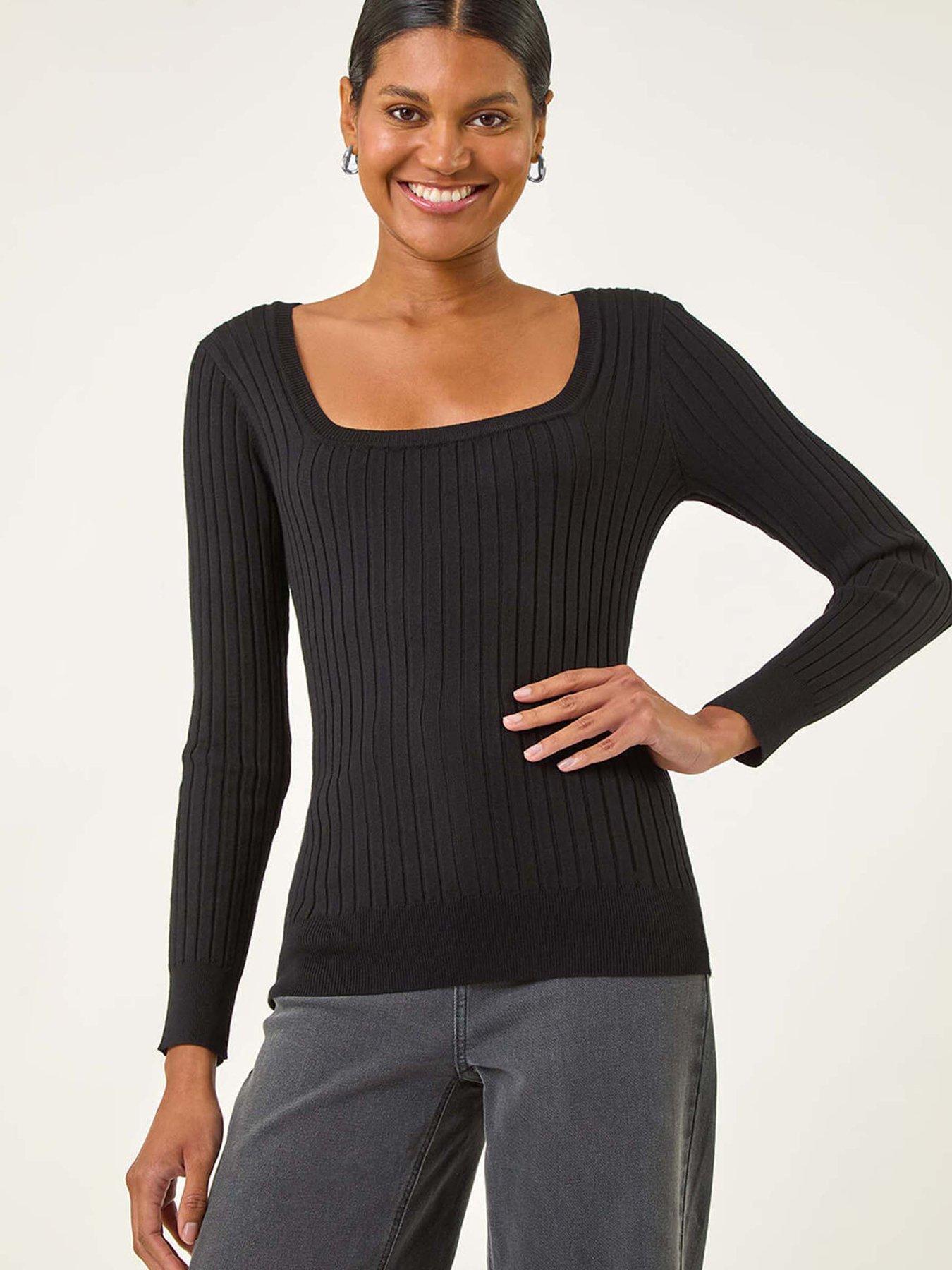 undefined Square Neck Ribbed Knit Jumper - Black