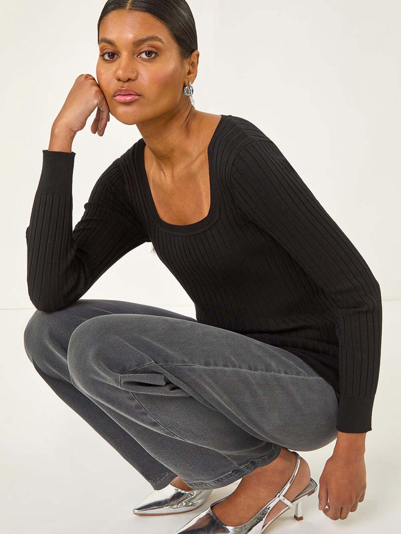 Image 4 of 5 of Roman Square Neck Ribbed Knit Jumper - Black