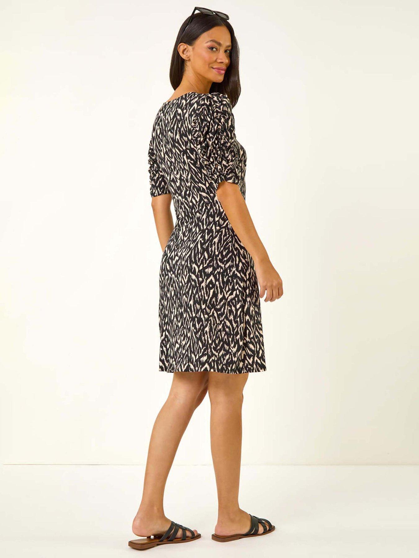 Image 2 of 5 of Roman Dusk Abstract Print Front Ruched Dress - Black