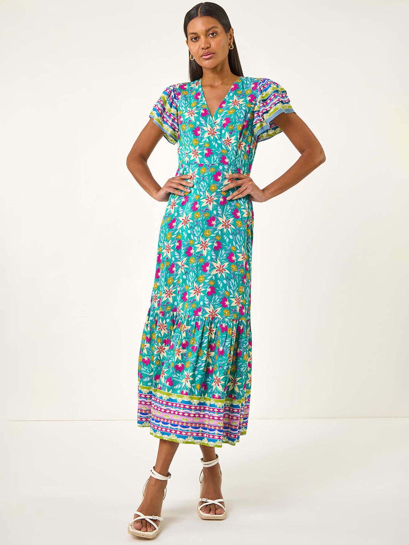 Roman Floral Border Print Maxi Dress - Blue