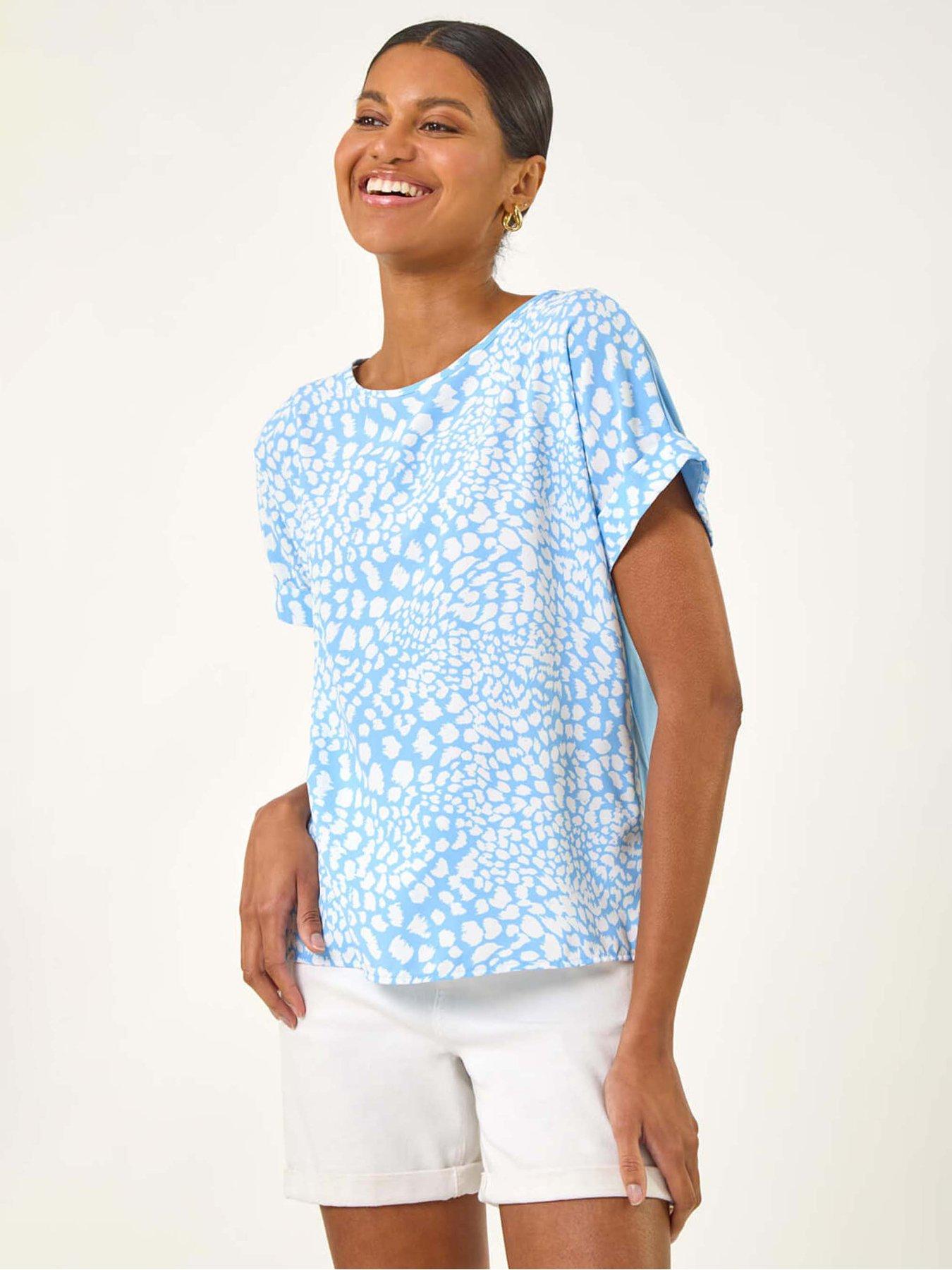  image of roman-spot-print-jersey-back-top-blue