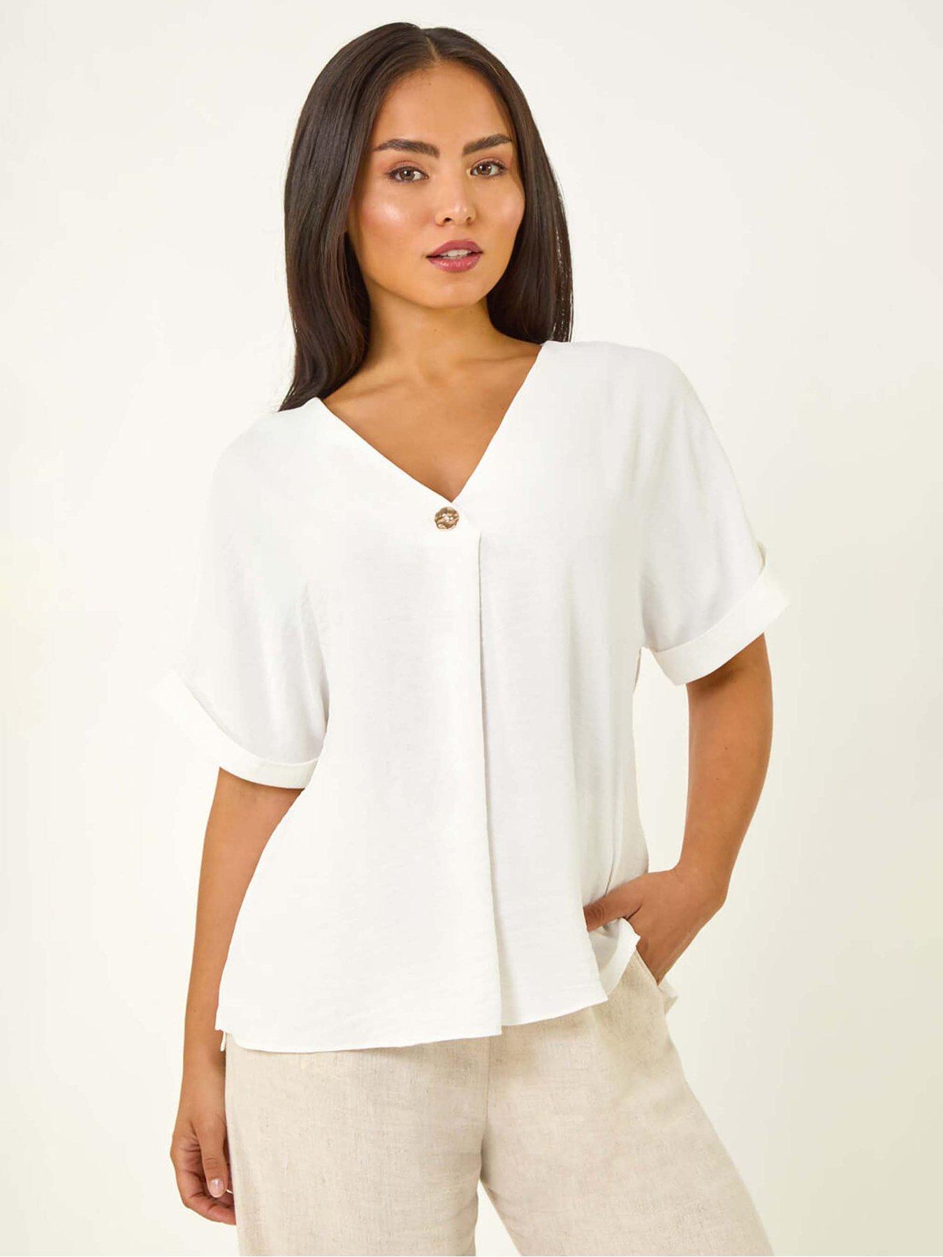 front image of roman-petite-one-buttoned-v-neck-top-white