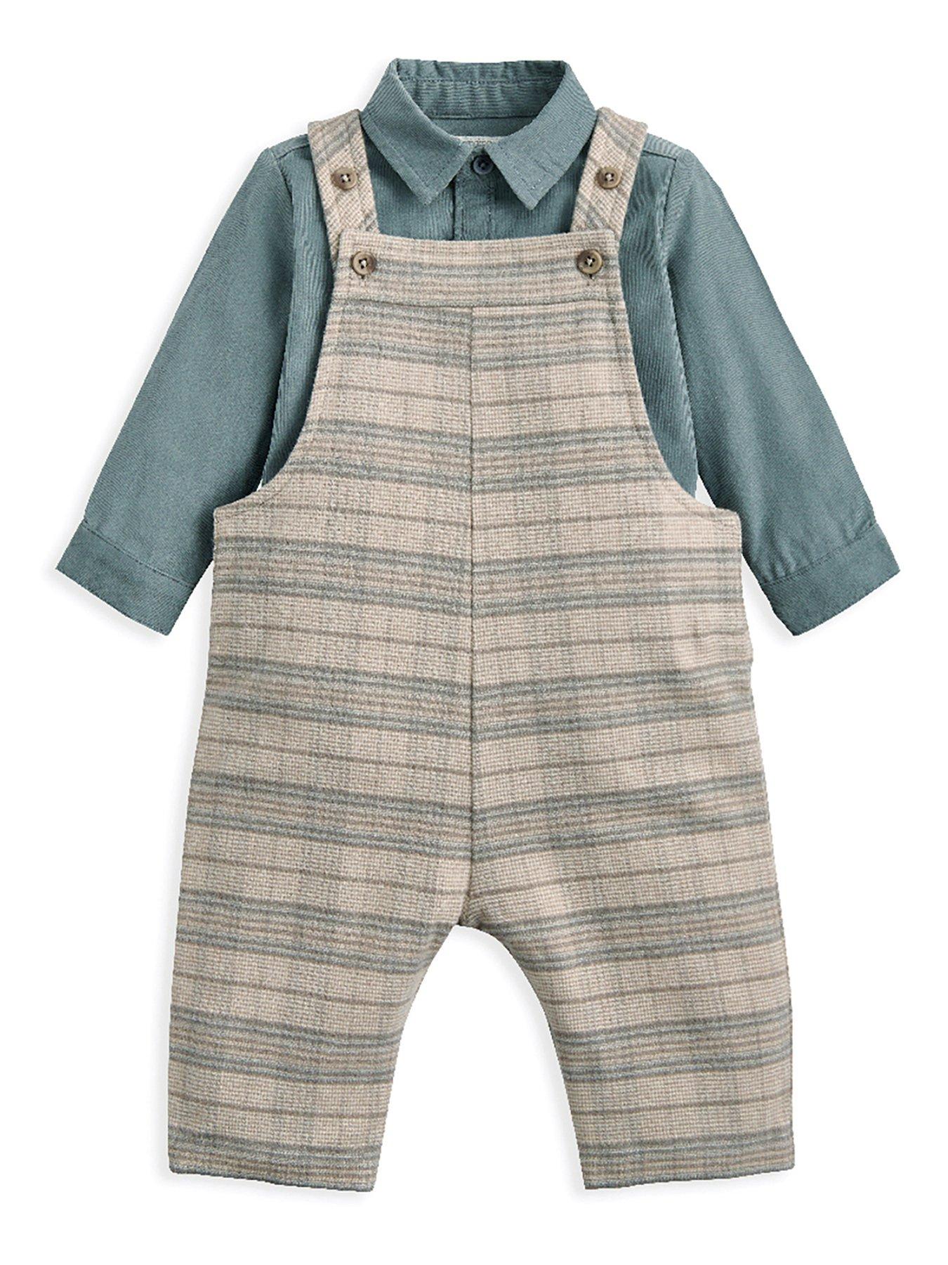 undefined Baby Boys 2 Piece Check Dungarees & Striped Shirt Set - Cream