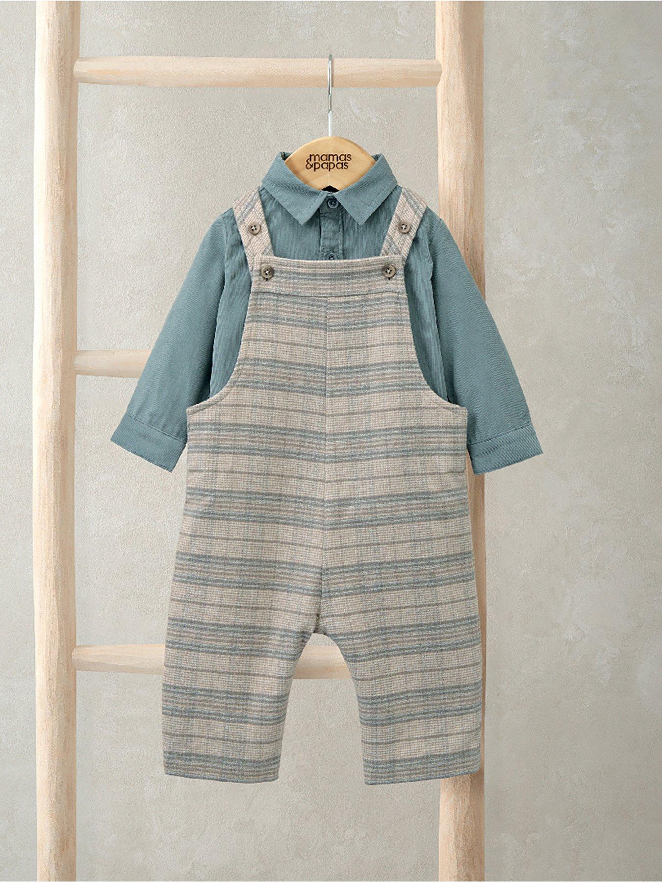 Image 4 of 4 of Mamas & Papas Baby Boys 2 Piece Check Dungarees &amp; Striped Shirt Set - Cream
