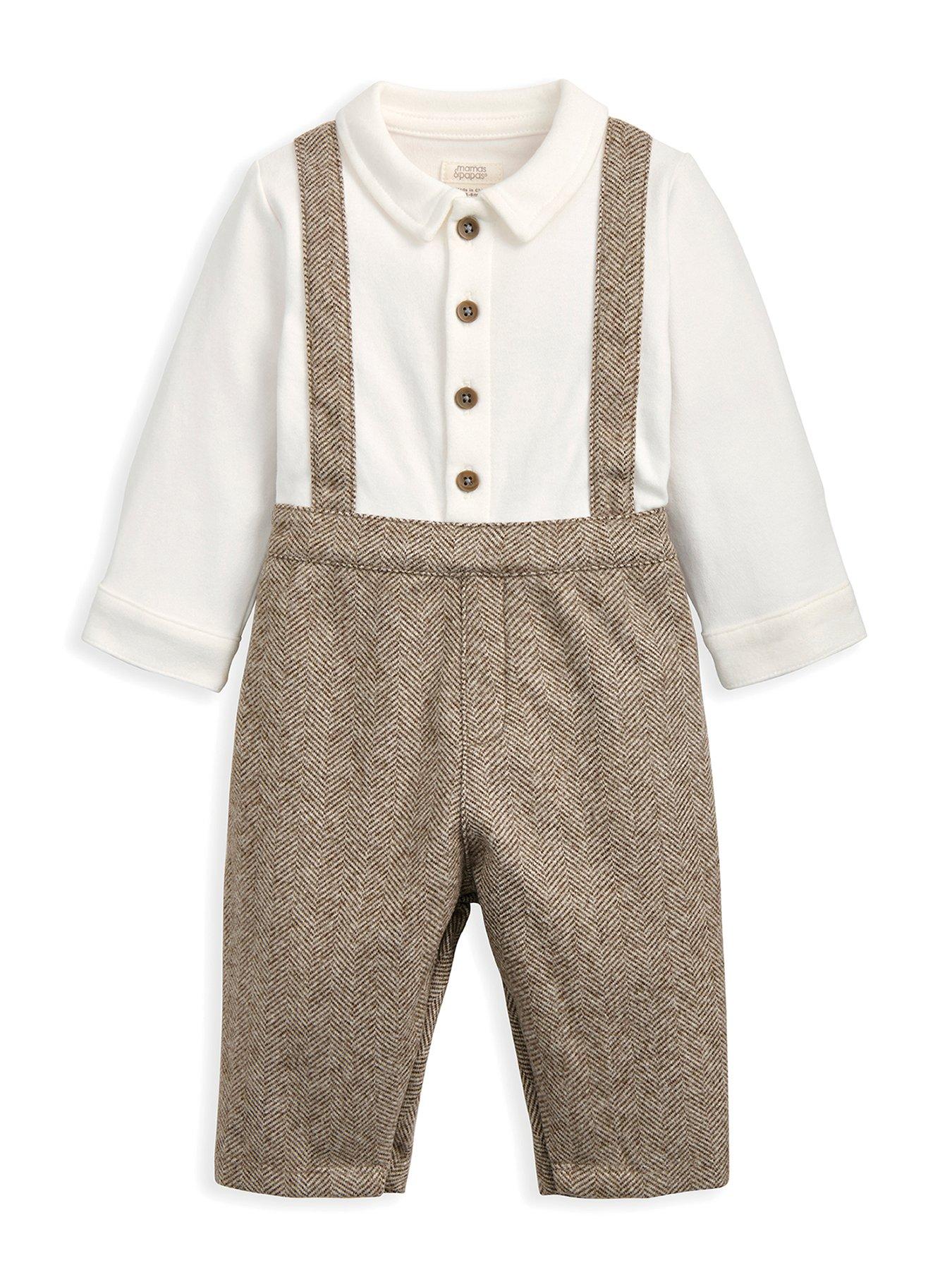 Image 1 of 3 of Mamas & Papas Baby Boys Herringbone Mock Shirt & Braces Romper - Beige