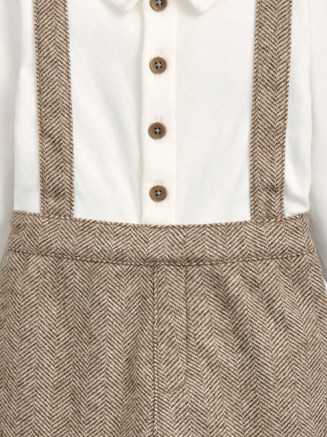 Image 2 of 3 of Mamas & Papas Baby Boys Herringbone Mock Shirt & Braces Romper - Beige
