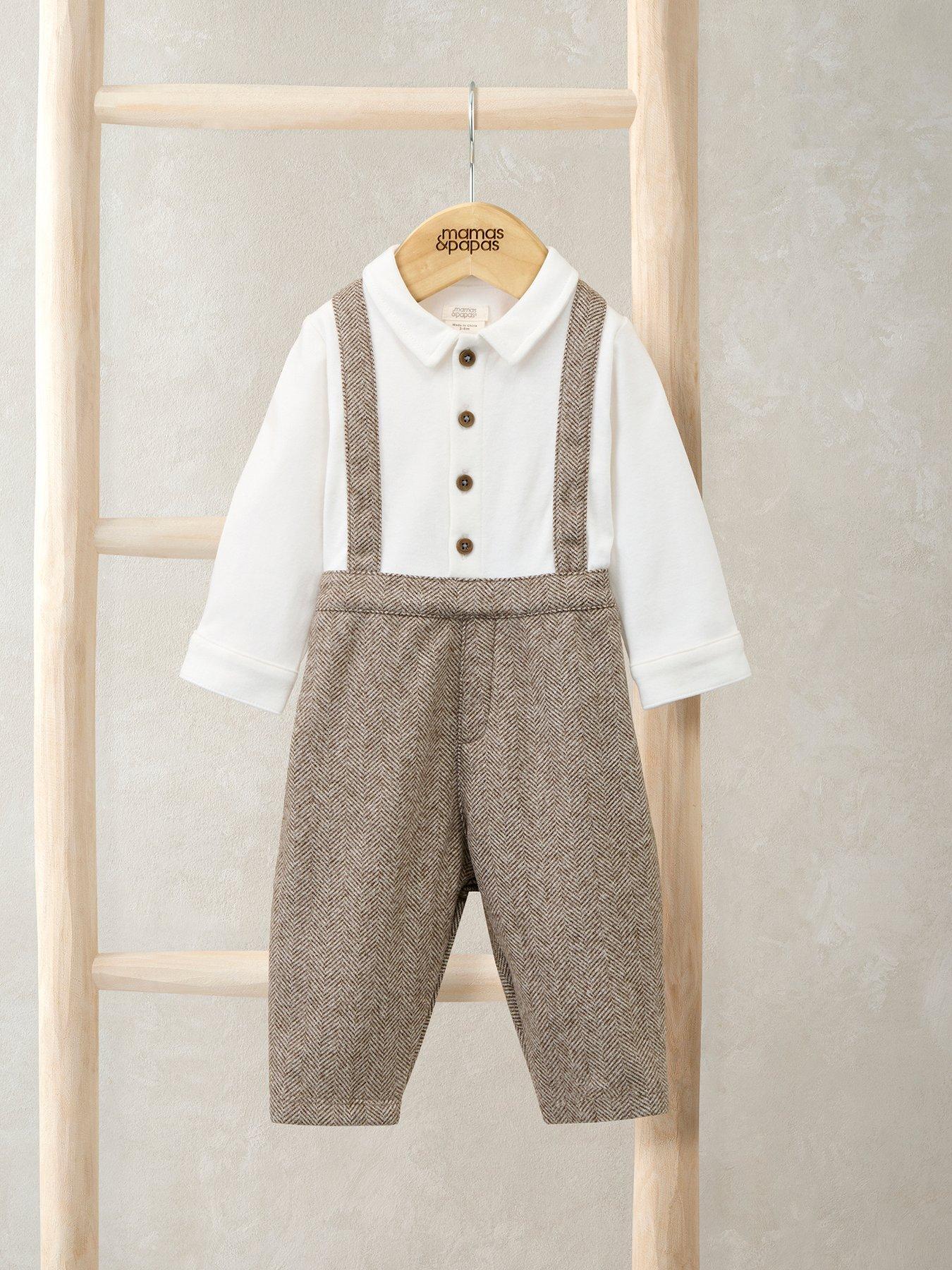 Image 3 of 3 of Mamas & Papas Baby Boys Herringbone Mock Shirt & Braces Romper - Beige