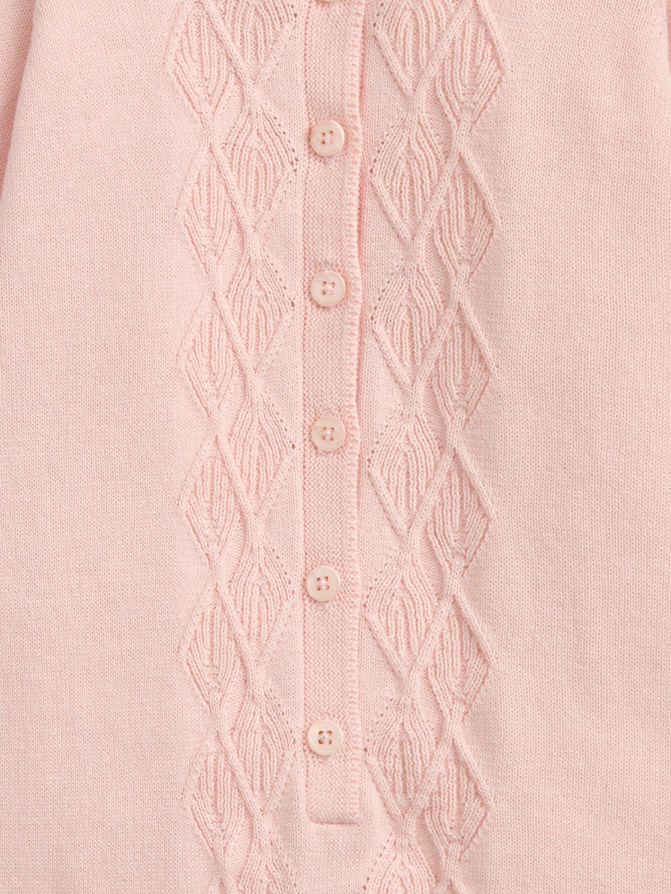 Image 2 of 3 of Mamas & Papas Baby Girls Diamond Stitch Knitted Romper With Frill Collar - Pink