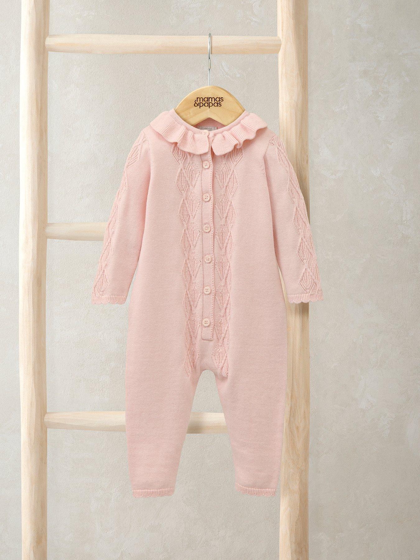 Image 3 of 3 of Mamas & Papas Baby Girls Diamond Stitch Knitted Romper With Frill Collar - Pink