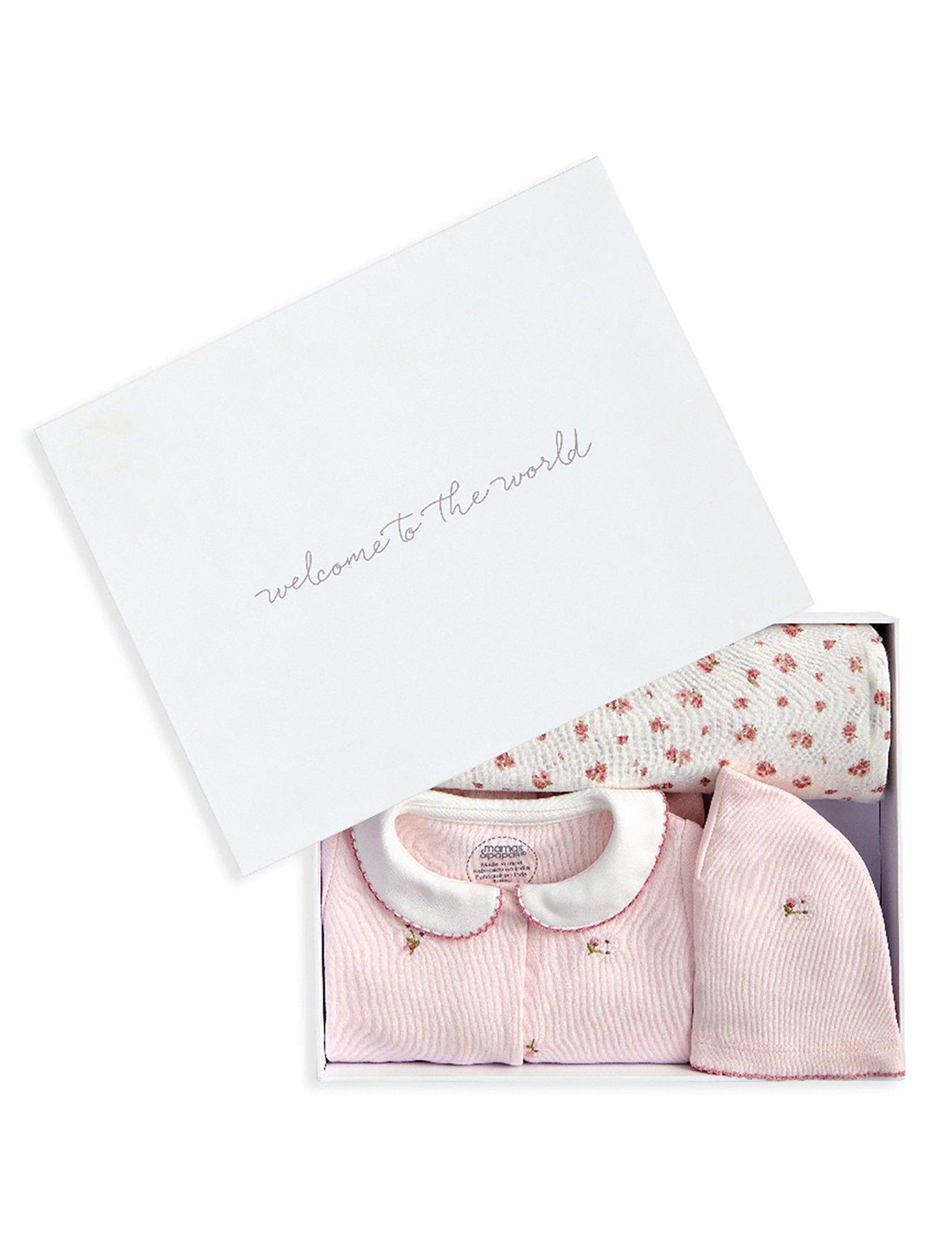 Image 1 of 3 of Mamas & Papas Baby Girls Embroidered Sleepsuit, Hat &amp; Blanket Gift Box Set - Pink