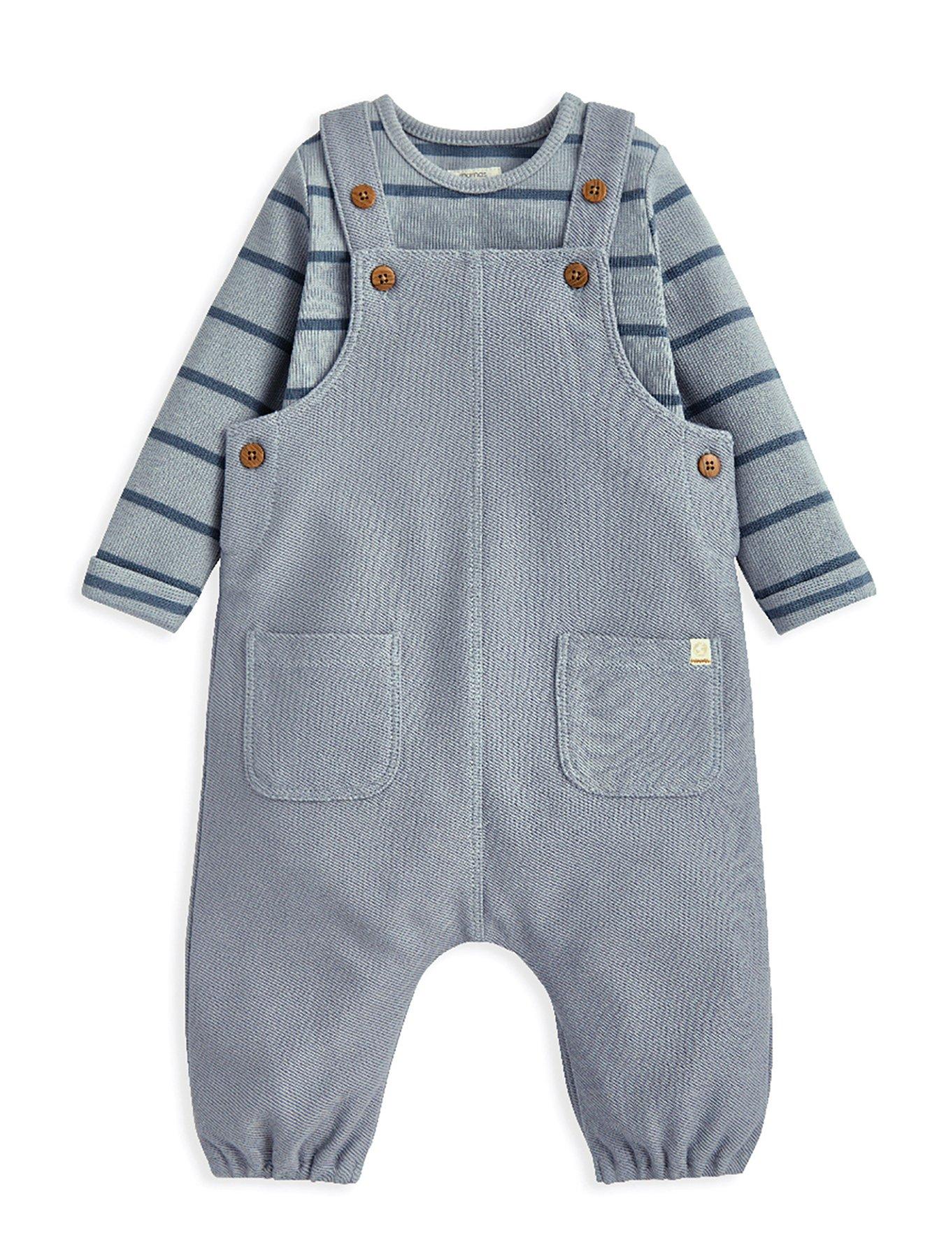 Image 1 of 4 of Mamas & Papas Baby Boys 2 Piece Dungaree & Stripe Bodysuit Set - Blue