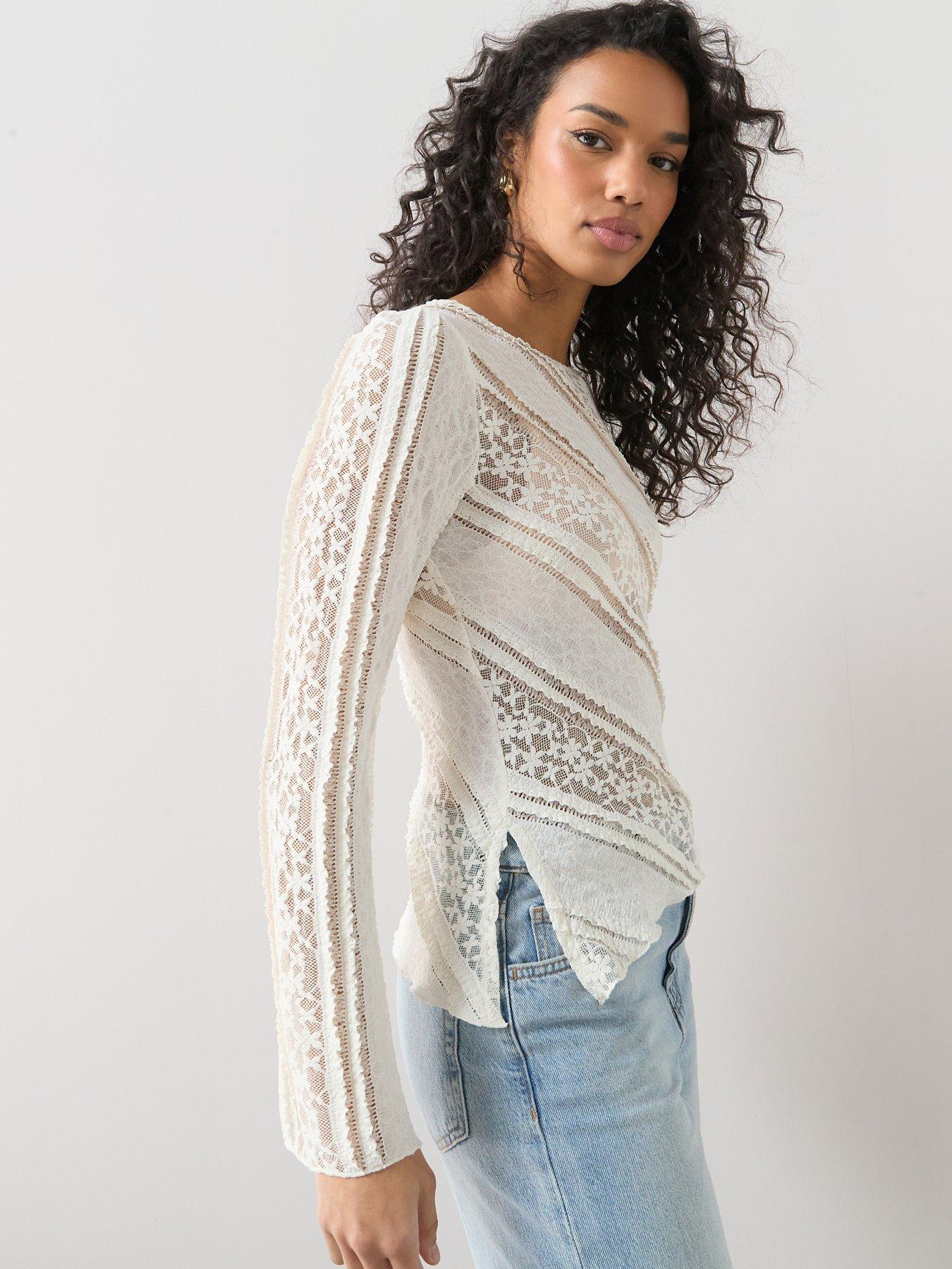 Image 1 of 6 of The Very Collection Long Sleeve Lace Top - Cream