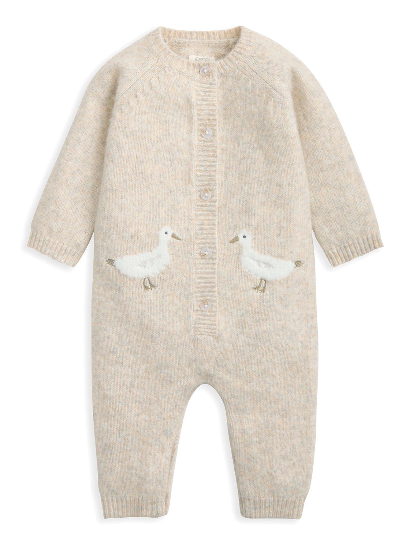  image of mamas-papas-baby-unisex-duck-knitted-romper-beige