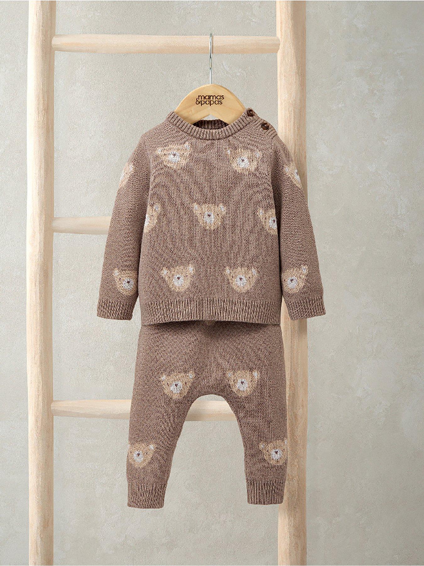 image of mamas-papas-baby-unisex-2-piece-jacquard-bear-knitted-top-amp-bottoms-set-brown