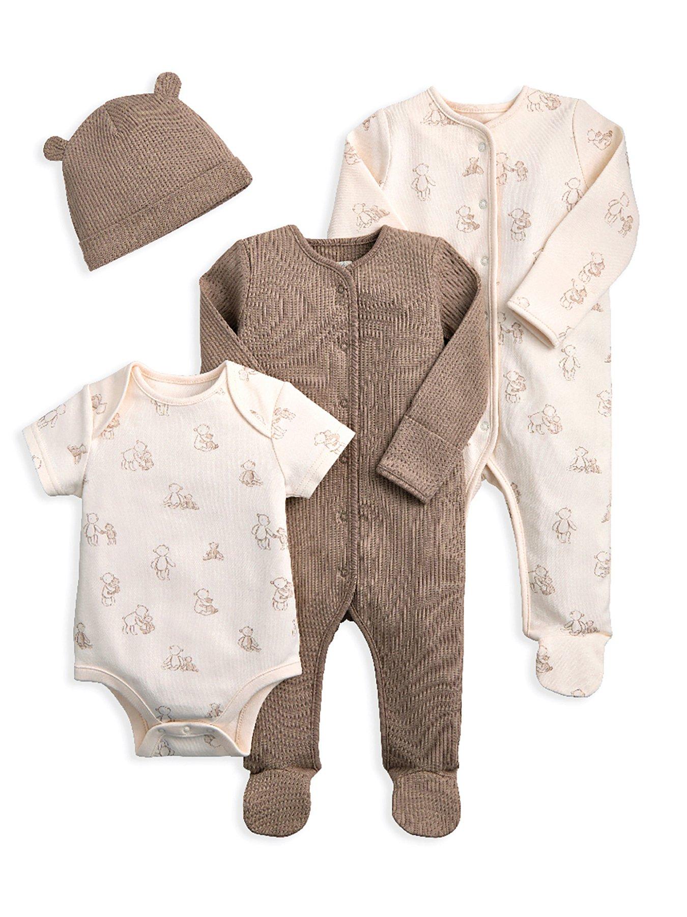 undefined Baby Unisex 4 Piece Teddy Bear Sleepsuits, Bodysuit & Hat Set - Beige